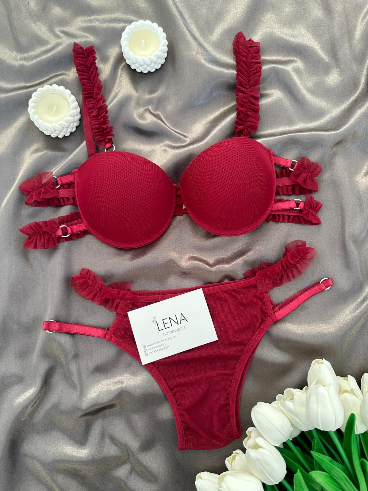 Fırfırlı Bordo Destekli Sütyen Takımı