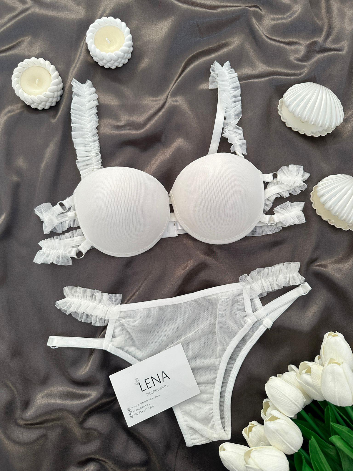 Fırfırlı Ekru Destekli Sütyen Takımı