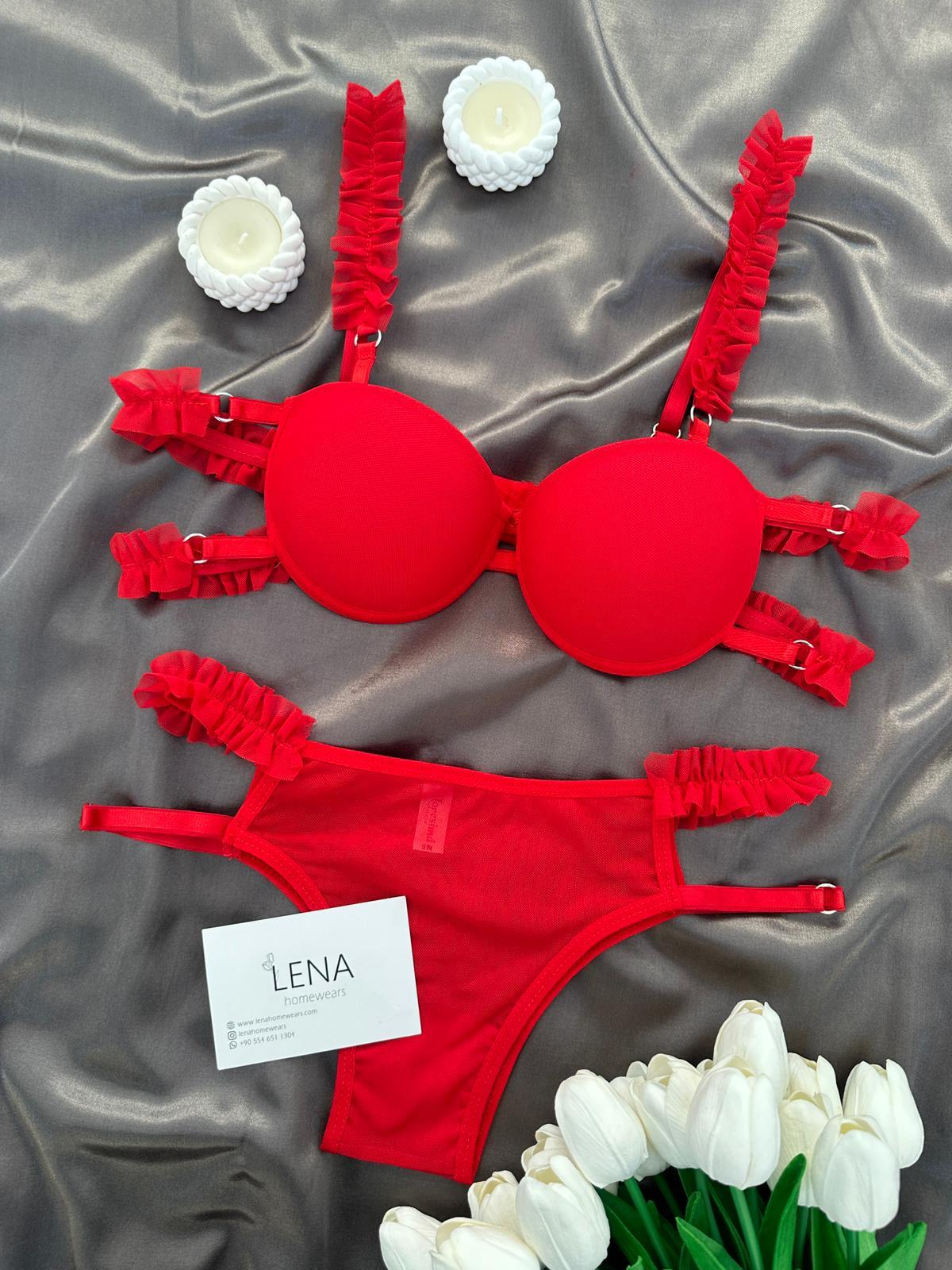 Fırfırlı Kırmızı Destekli Sütyen Takımı