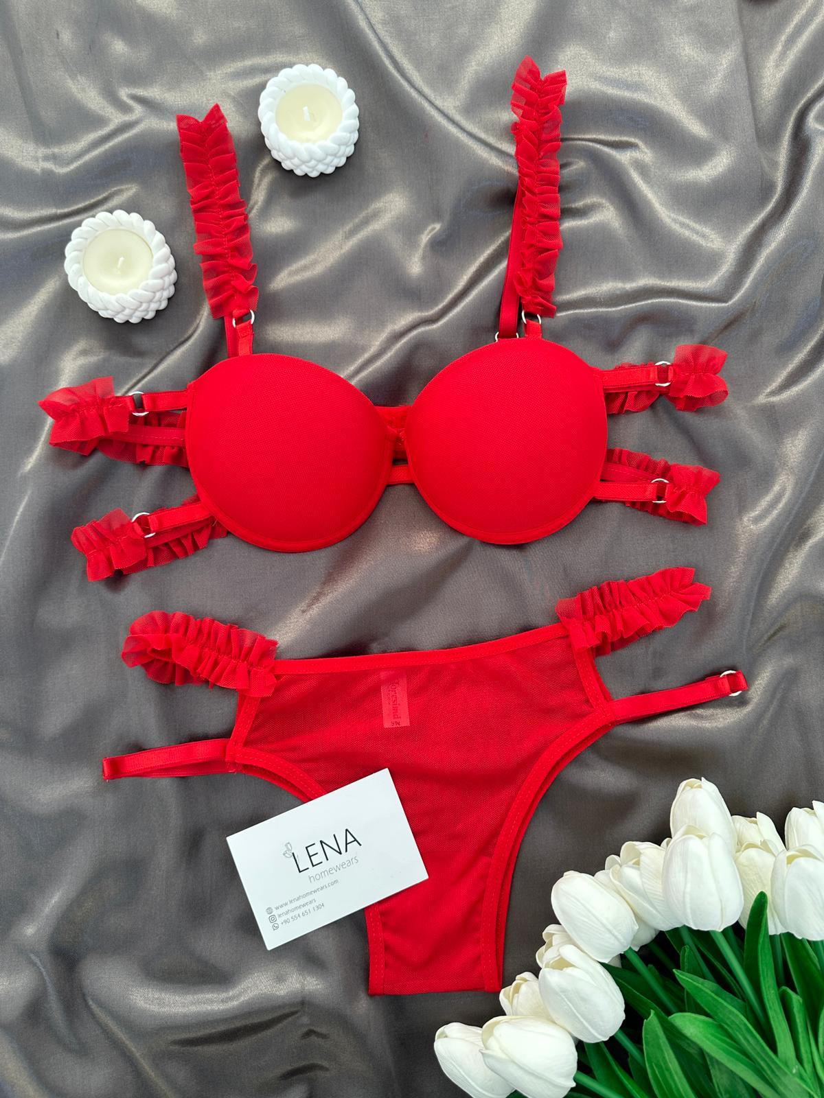 Fırfırlı Kırmızı Destekli Sütyen Takımı