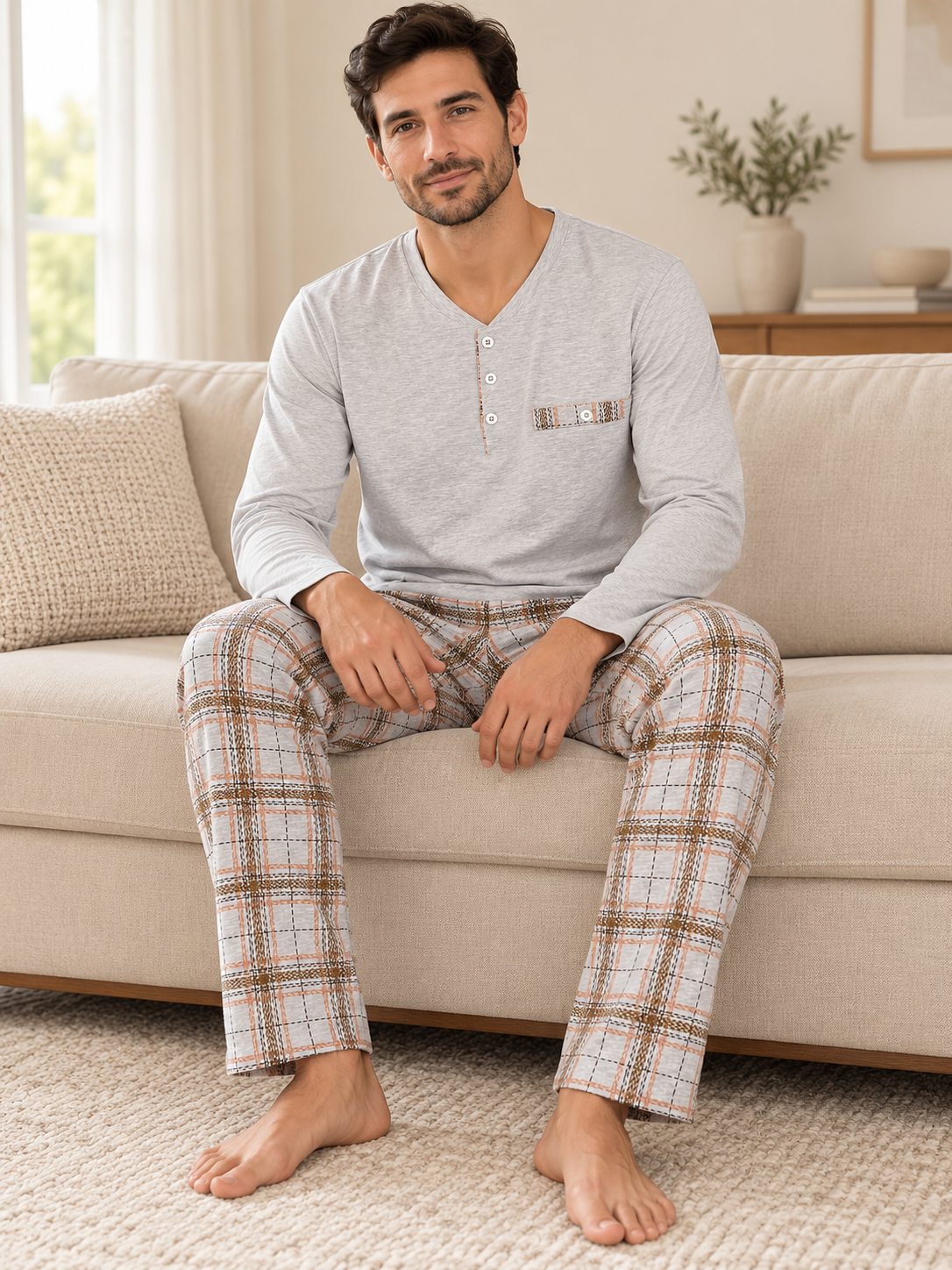 Gri Ekose Erkek Uzun kollu Pamuklu Pijama Takımı