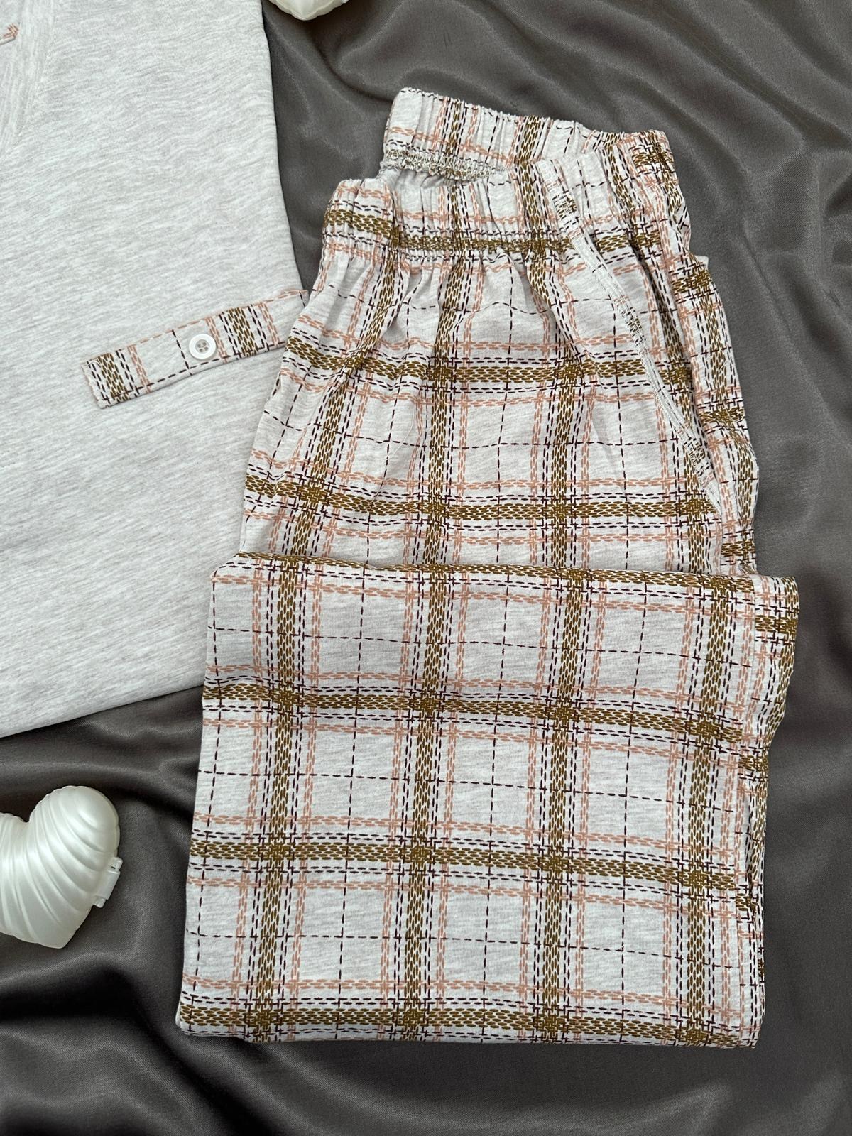 Gri Ekose Erkek Uzun kollu Pamuklu Pijama Takımı