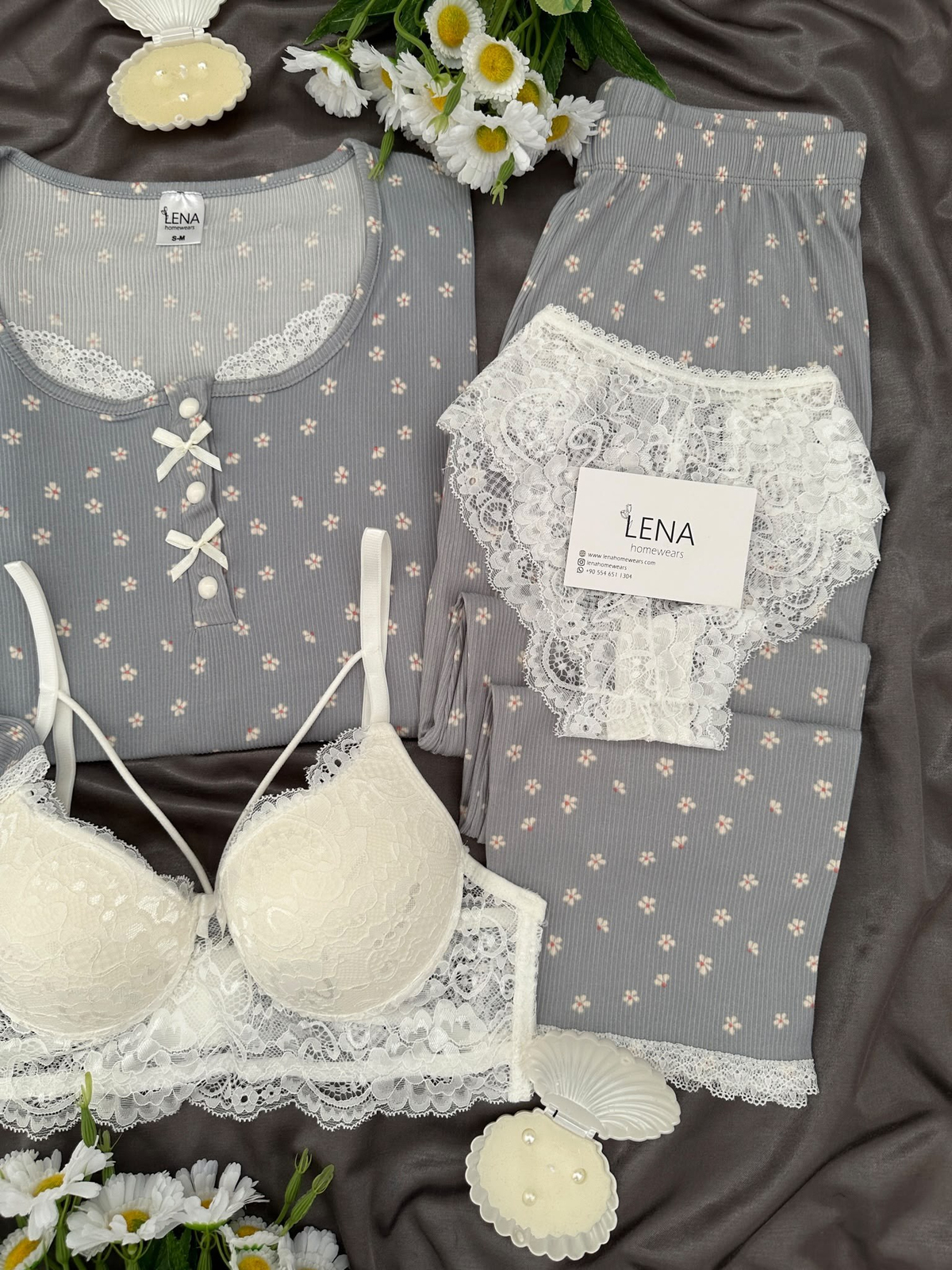 Gri Mini Papatya 4'lü Pijama & Çamaşır Seti