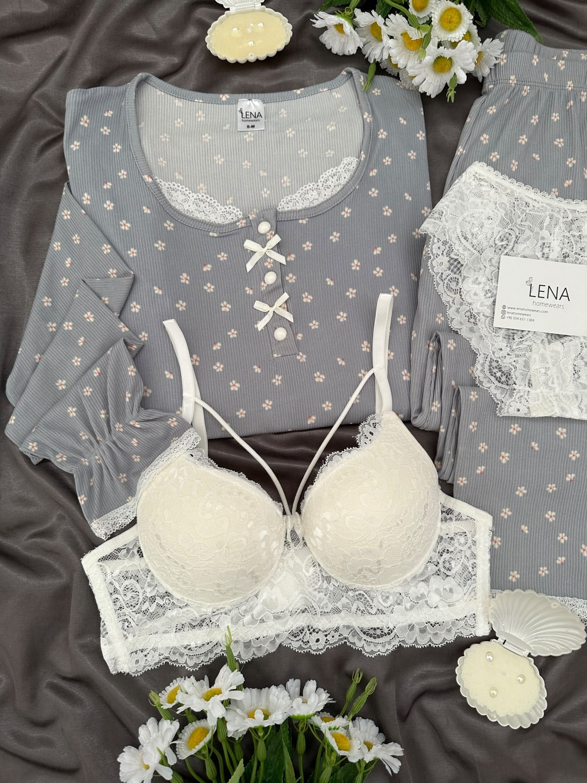 Gri Mini Papatya 4'lü Pijama & Çamaşır Seti