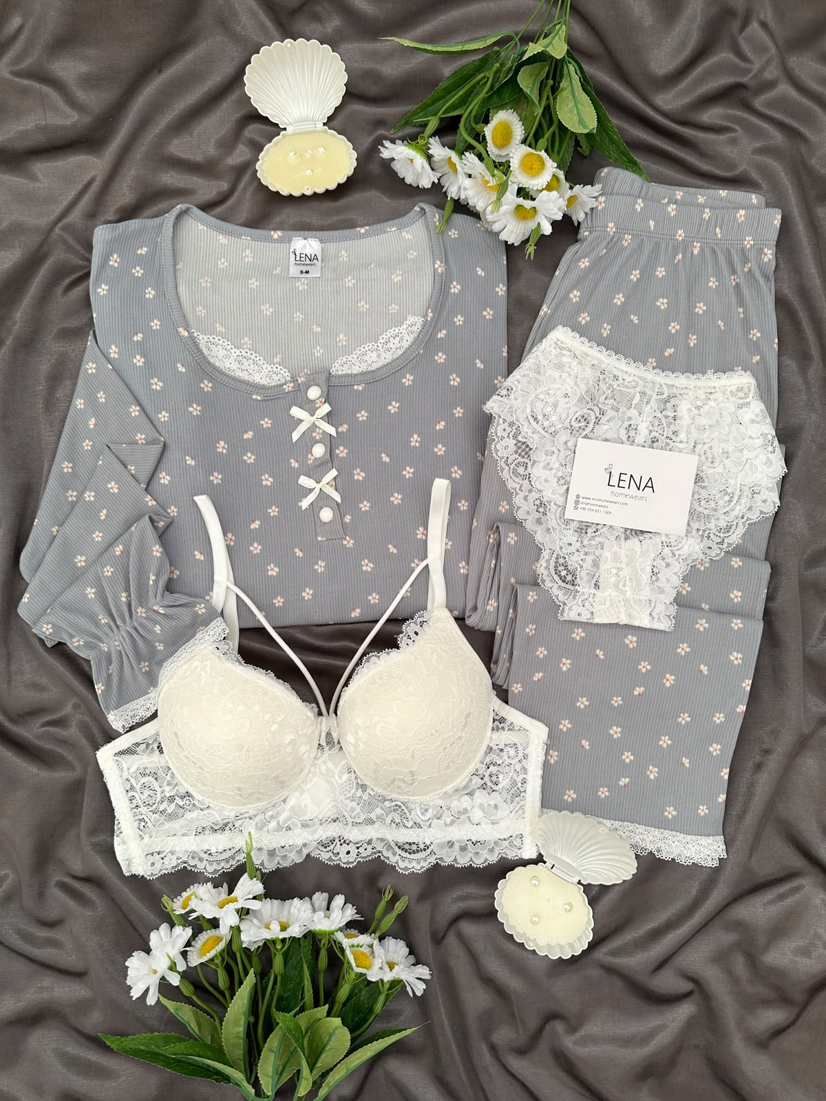 Gri Mini Papatya 4'lü Pijama & Çamaşır Seti