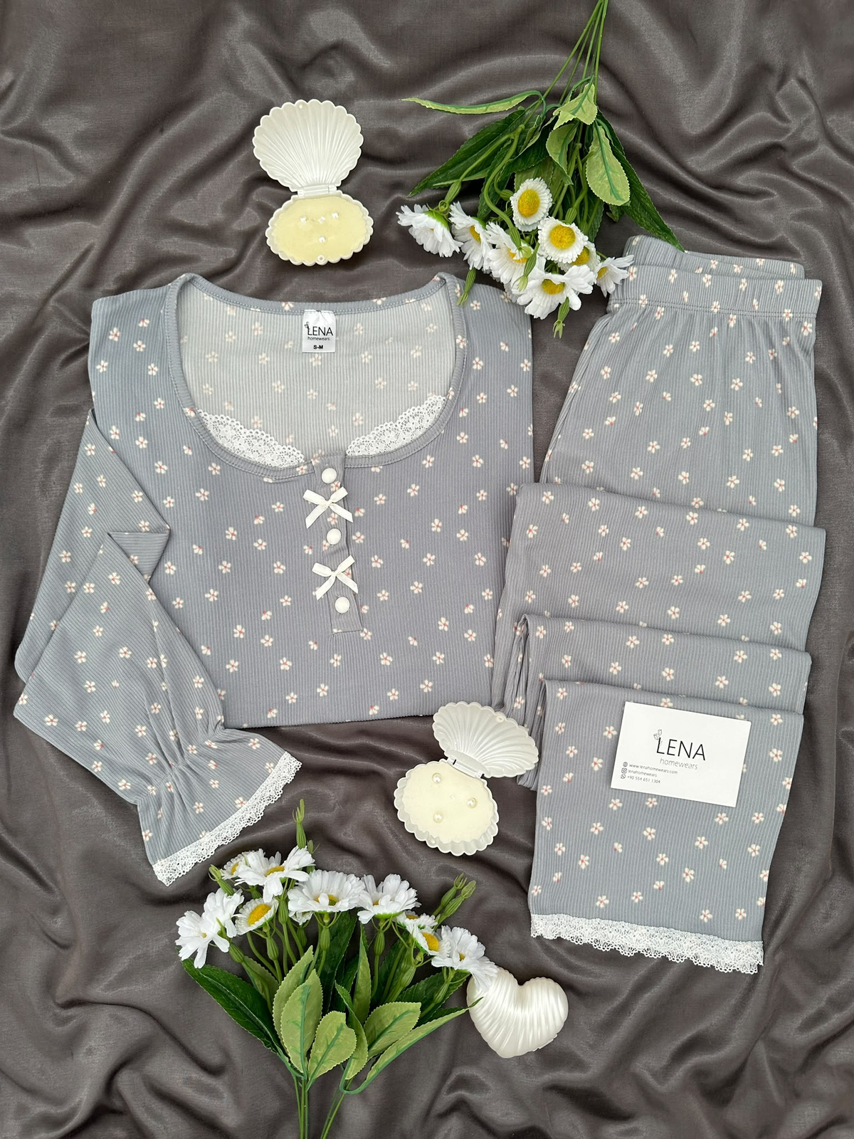 Gri Mini Papatya Uzun Kollu Berlin Pijama Takımı