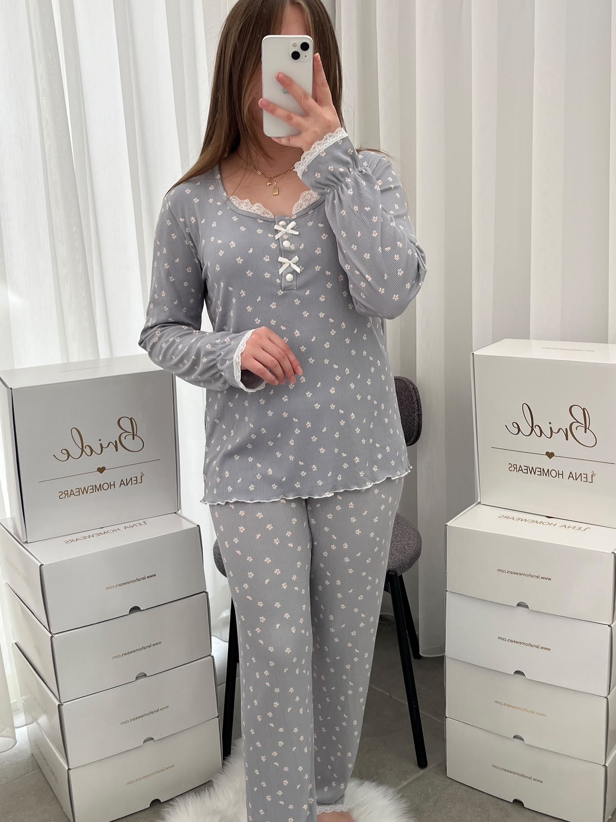 Gri Mini Papatya Uzun Kollu Berlin Pijama Takımı