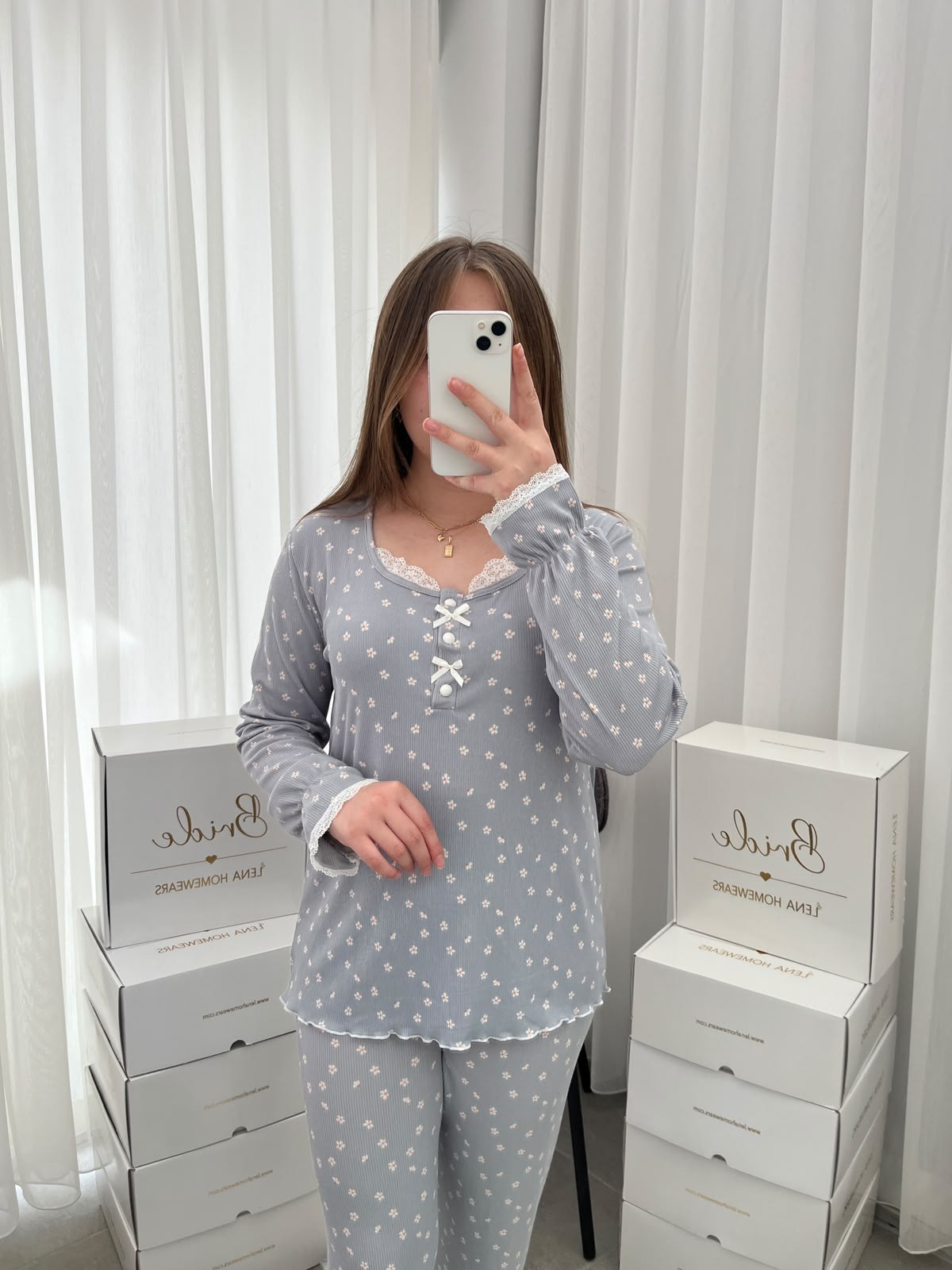Gri Mini Papatya Uzun Kollu Berlin Pijama Takımı
