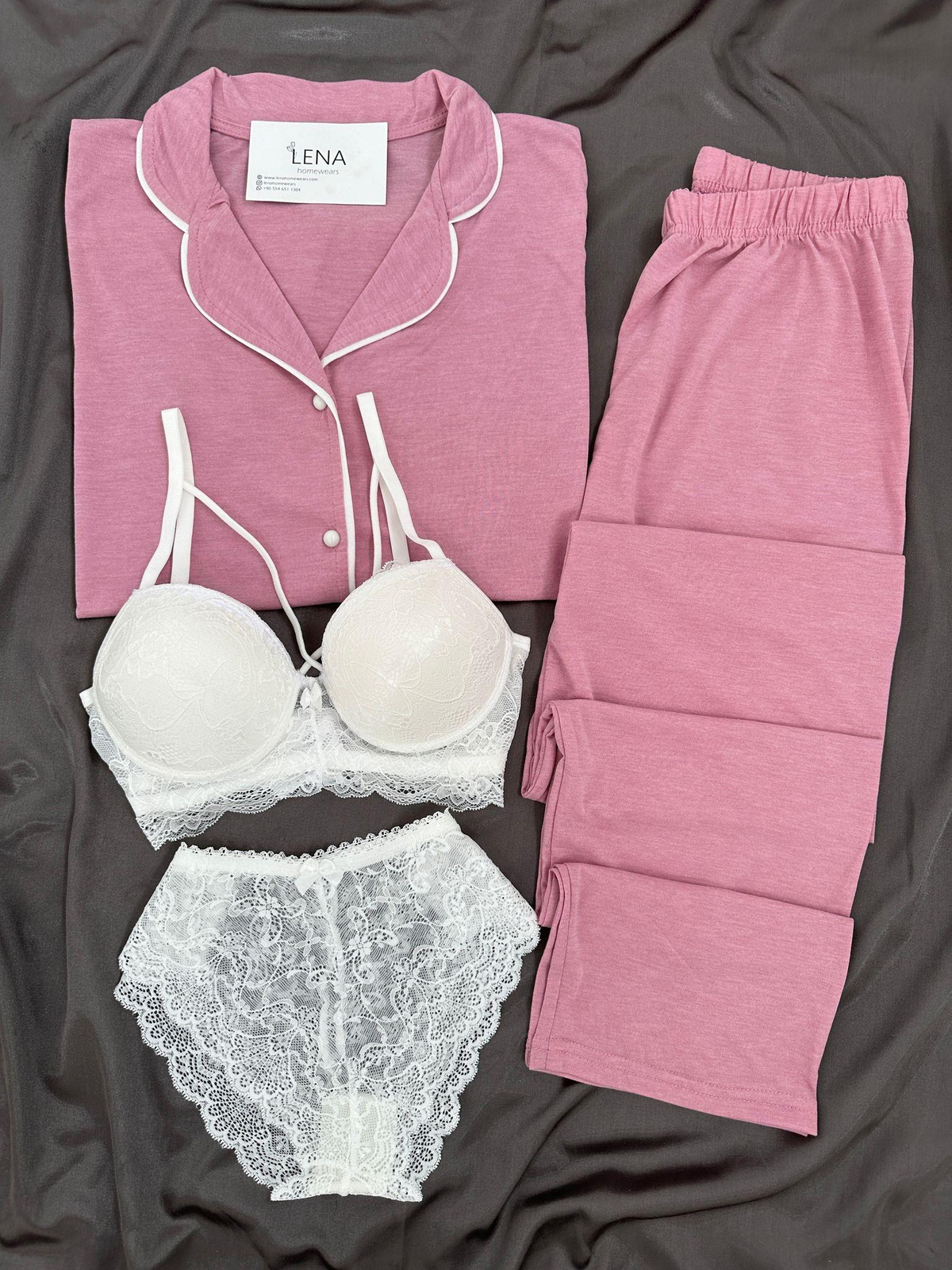 Gülkurusu Biyeli 4'lü Kısa Kollu Pijama Takım