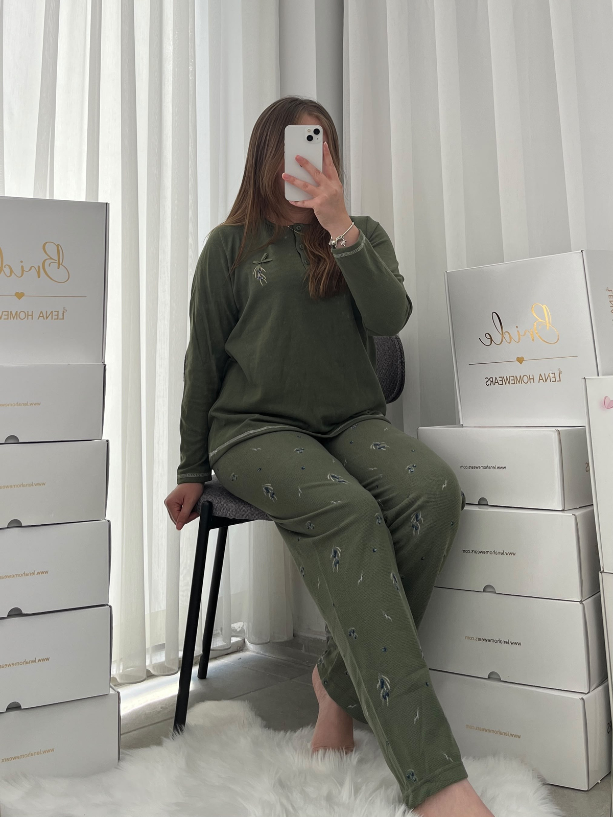 Haki Zeytin Desenli Patlı Waffle Pijama Takımı