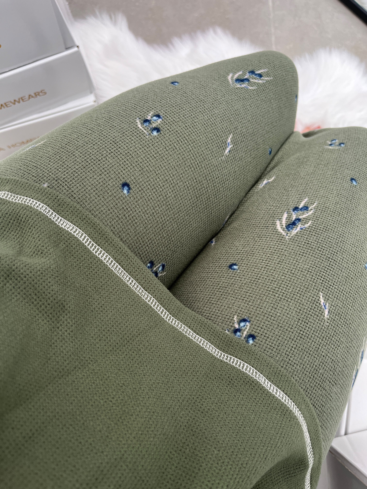 Haki Zeytin Desenli Patlı Waffle Pijama Takımı