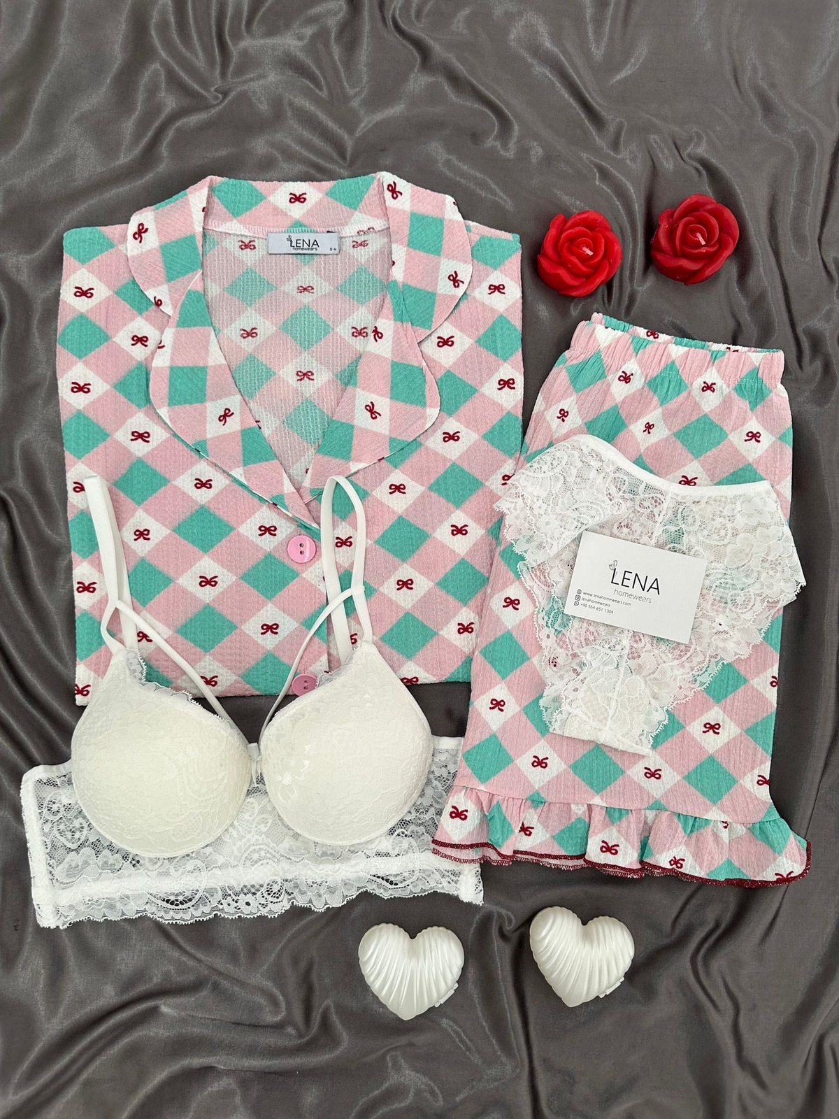 Kadın Fiyonk Ekose Dörtlü Şortlu Pijama Takımı