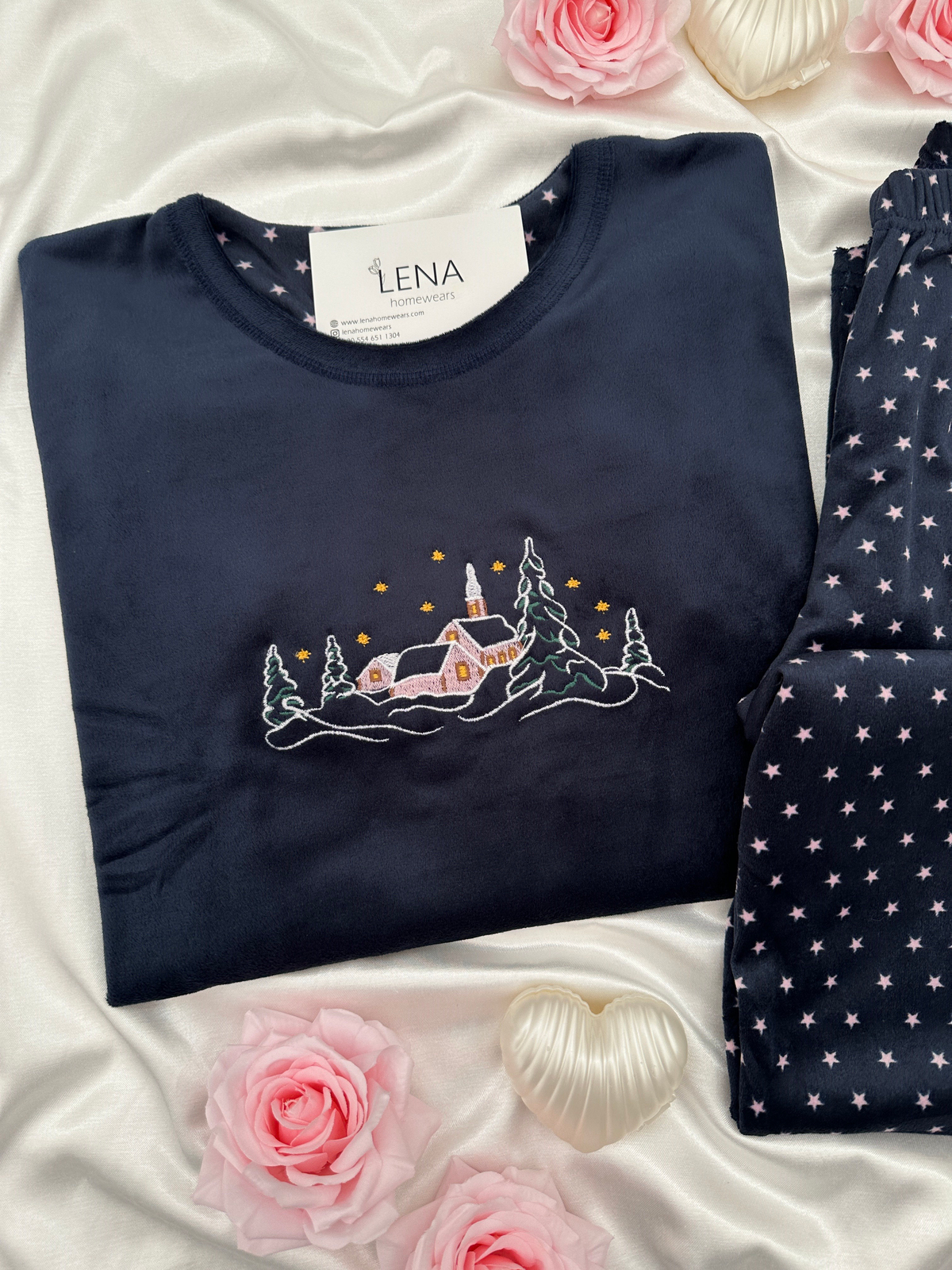 Kadın Lacivert Yıldız Desenli Fransız Kadife Pijama Takımı