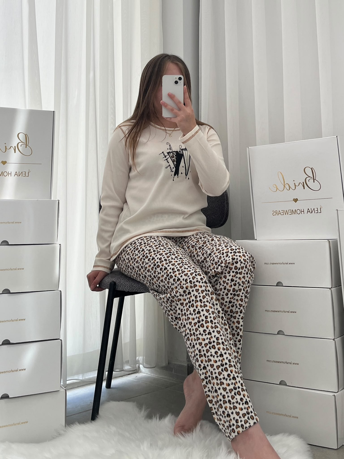 Kadın Leopar Desenli Waffle Pijama Takımı