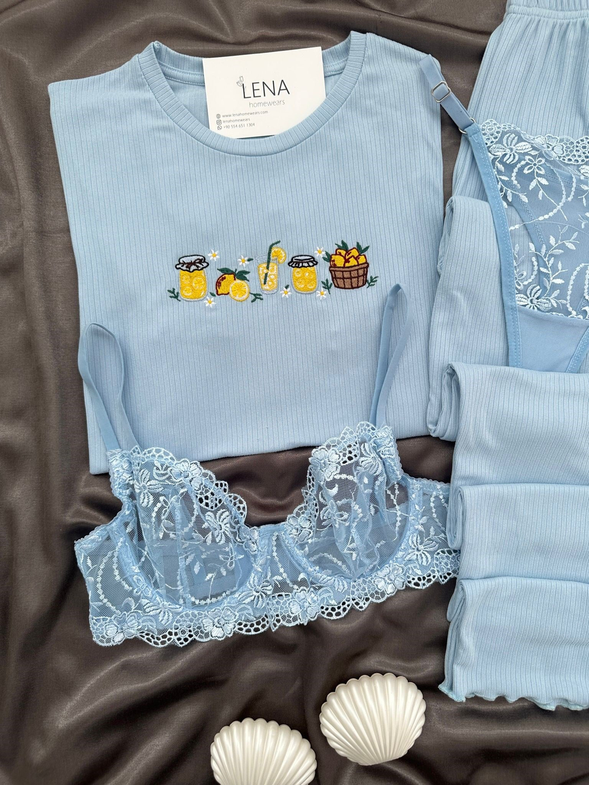 Kadın Mavi Nakışlı Kısa Kollu Dörtlü Pijama Takımı 