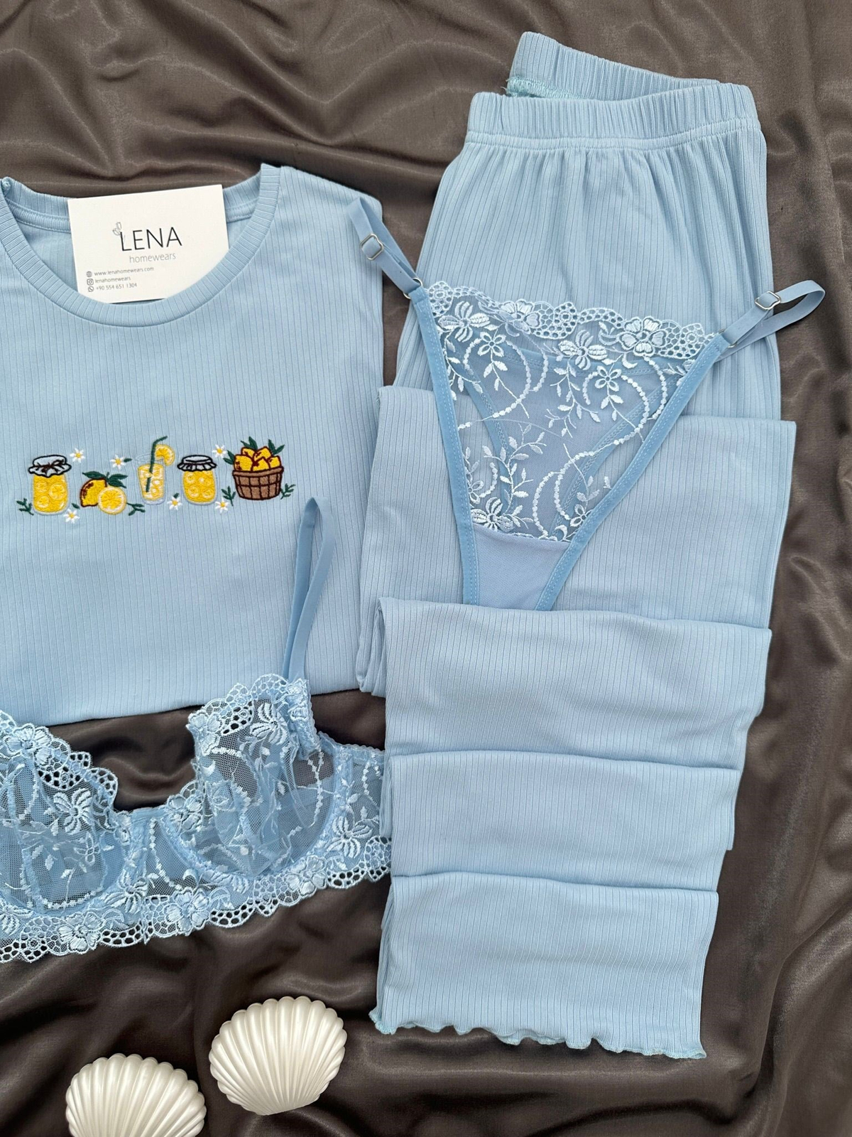 Kadın Mavi Nakışlı Kısa Kollu Dörtlü Pijama Takımı 