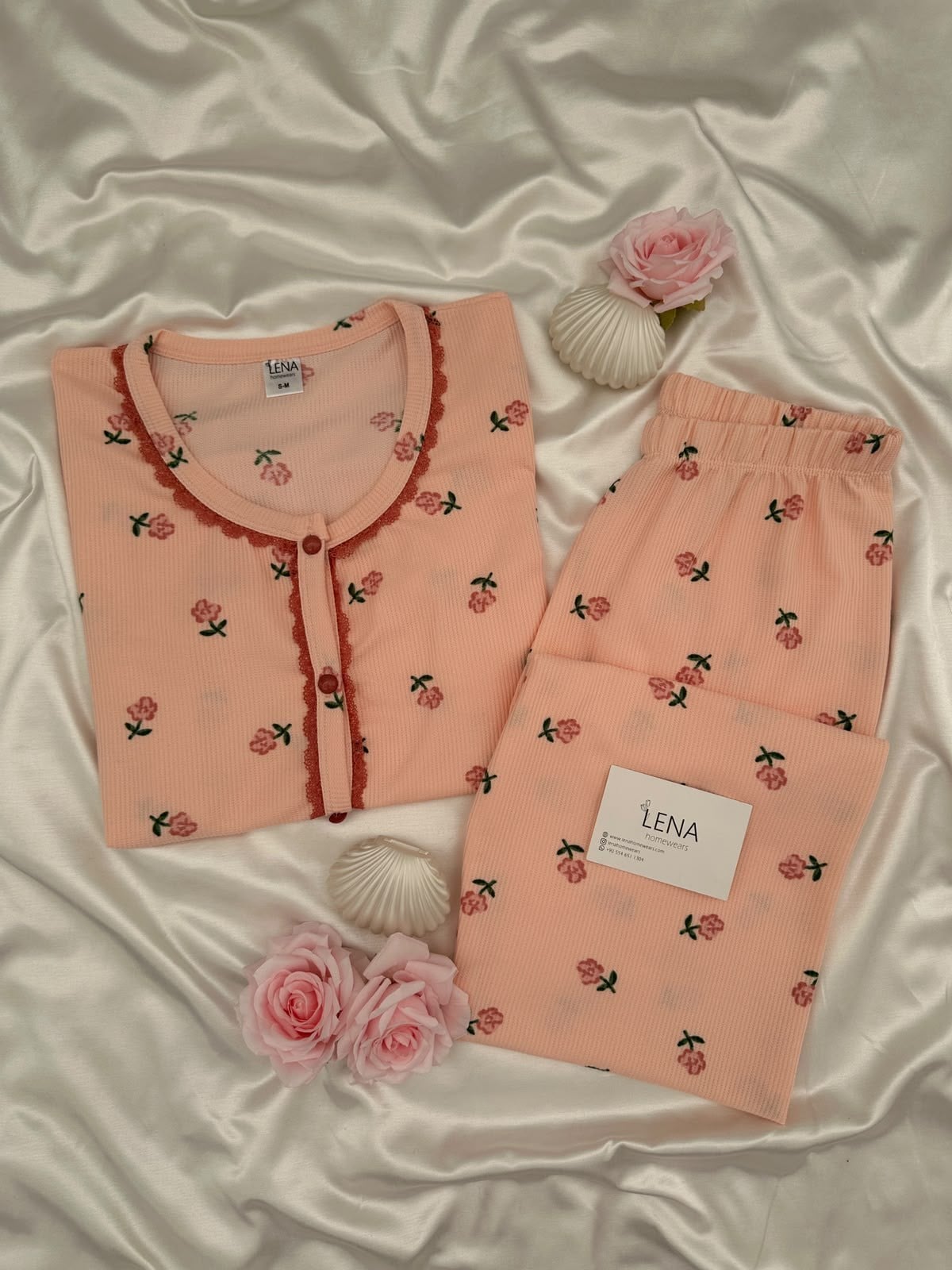 Kadın Somon Gül Desenli Waffle Uzun Kollu Pijama Takımı