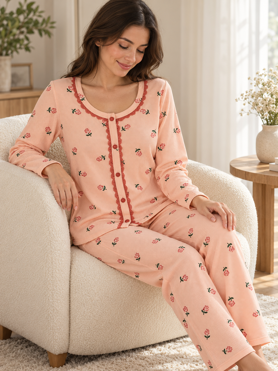 Kadın Somon Gül Desenli Waffle Uzun Kollu Pijama Takımı