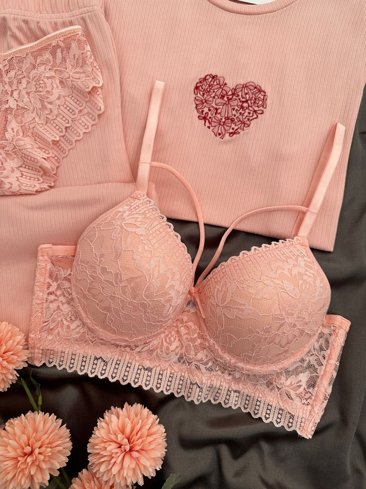 Kadın Somon Nakışlı Kısa Kollu Dörtlü Pijama Takımı 