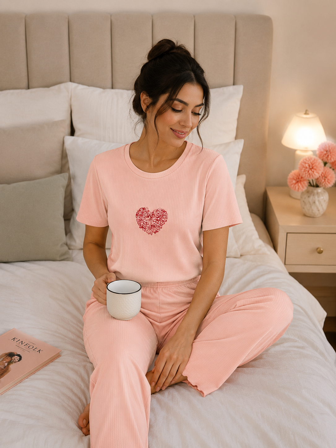 Kadın Somon Nakışlı Kısa Kollu Dörtlü Pijama Takımı 