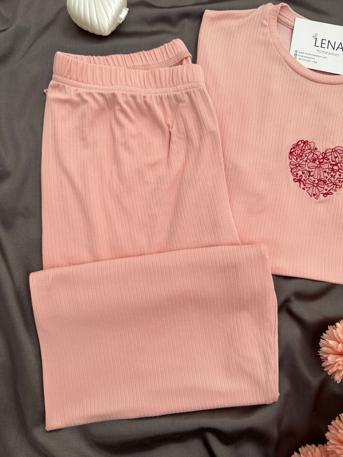 Kadın Somon Nakışlı Kısa Kollu Oslo Pijama Takımı