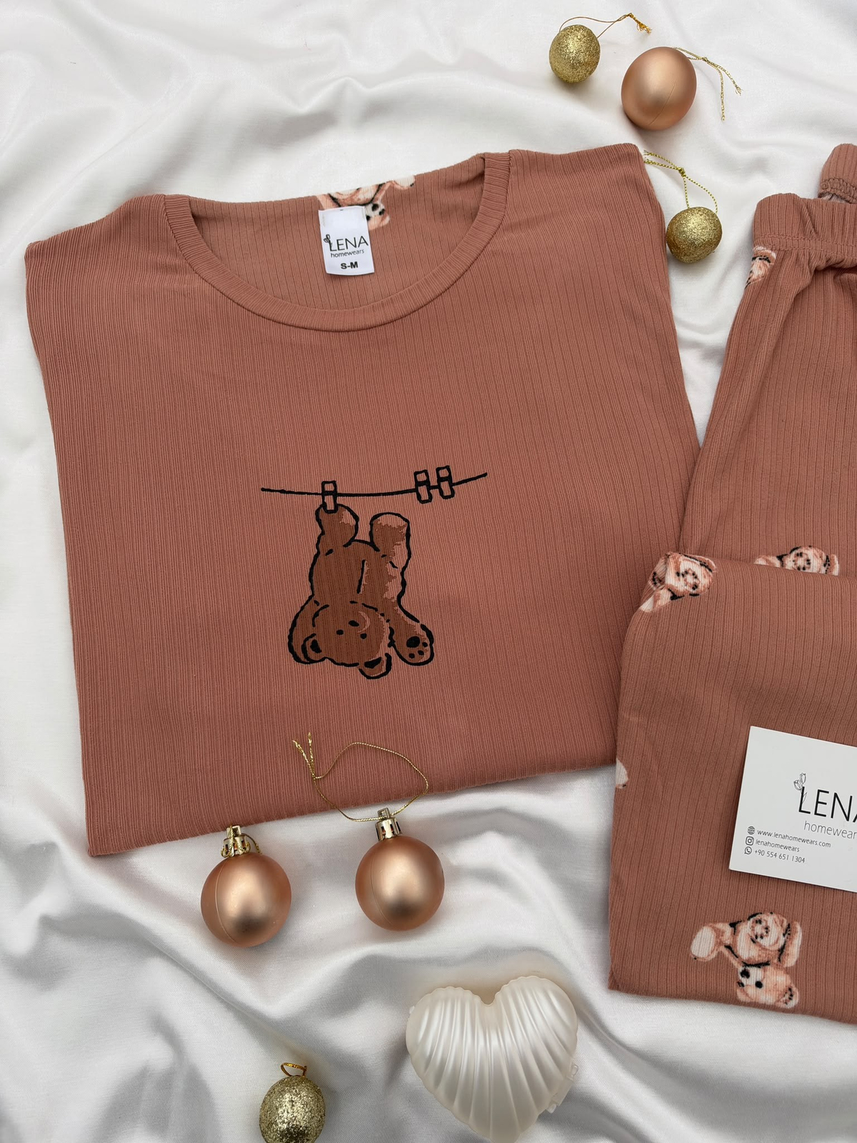 Kahve Ayıcık Desenli Bisiklet Yaka Pijama Takımı
