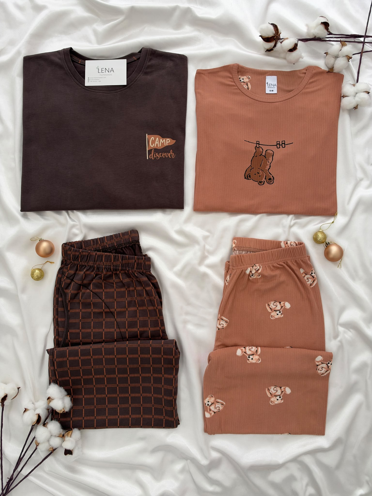 Kahve Ayıcık & Kahverengi Ekose Sevgili Çift Uzun Kollu Pijama Takımı (2'Lİ SET)