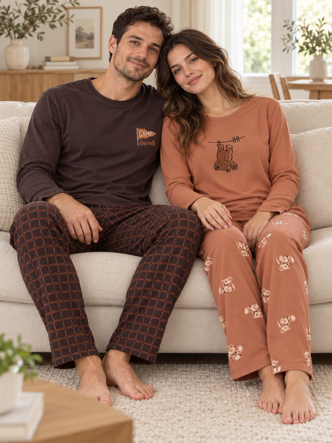 Kahve Ayıcık & Kahverengi Ekose Sevgili Çift Uzun Kollu Pijama Takımı (2'Lİ SET)