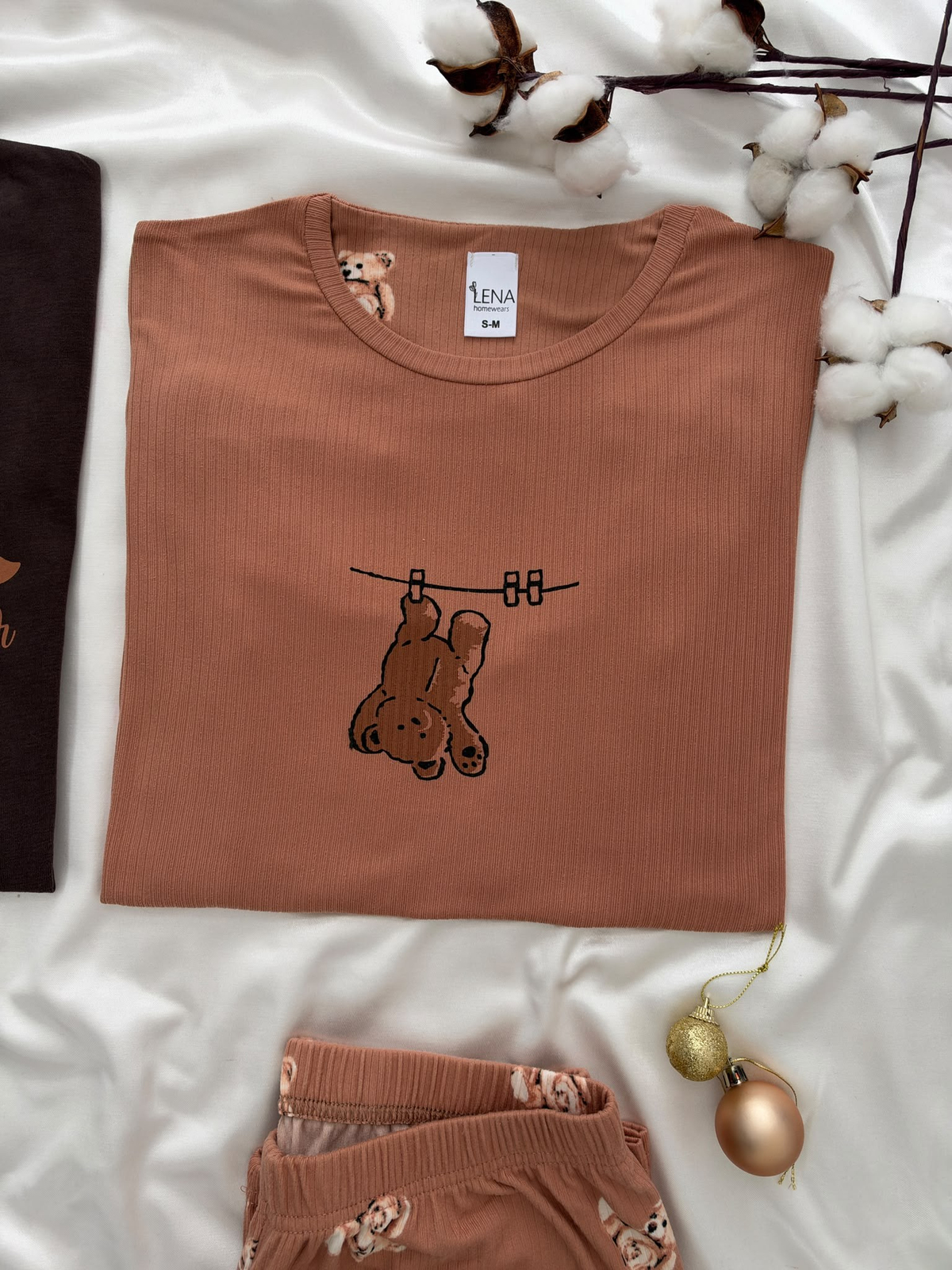 Kahve Ayıcık & Kahverengi Ekose Sevgili Çift Uzun Kollu Pijama Takımı (2'Lİ SET)