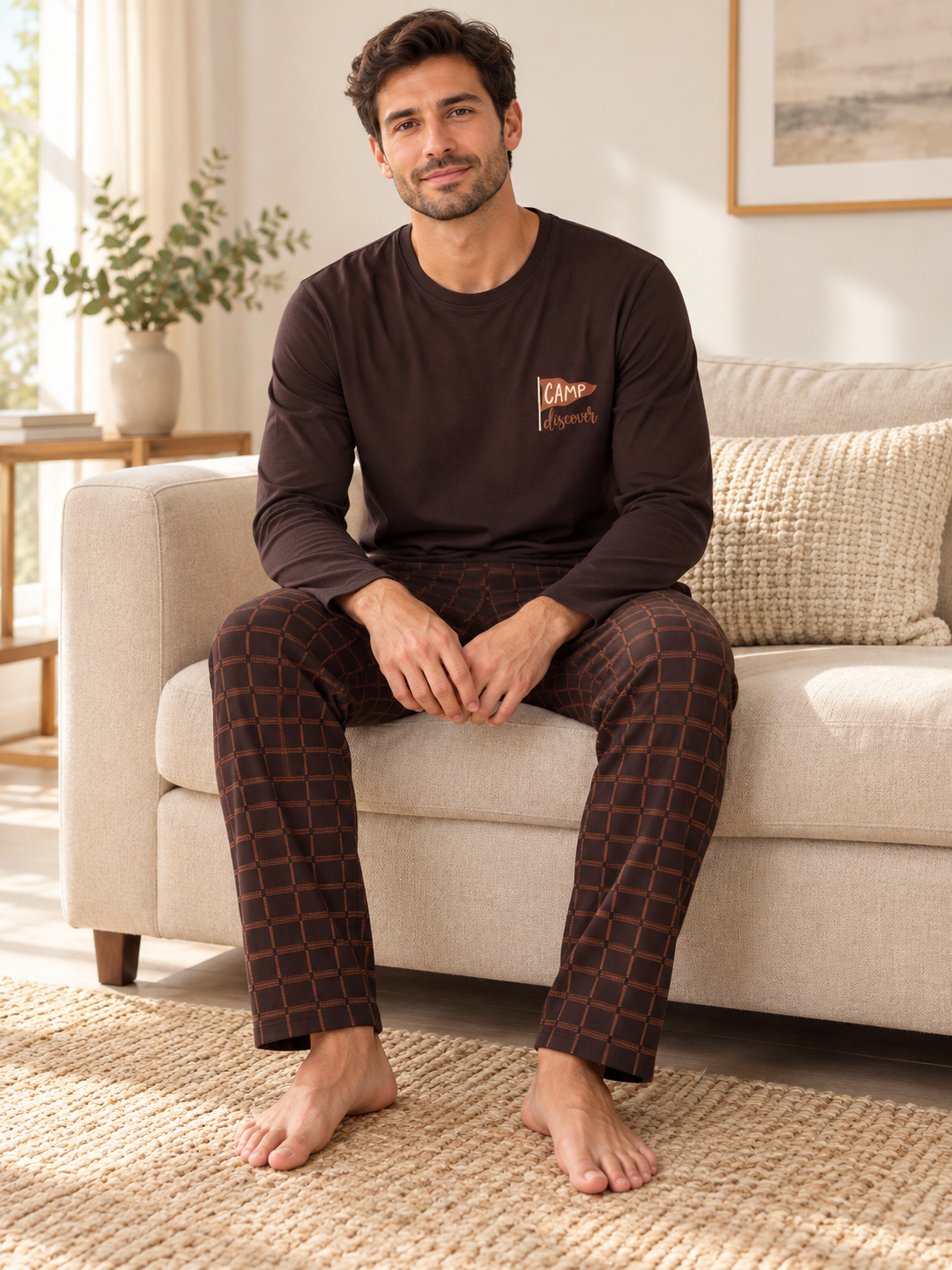Kahve Ekose Erkek Uzun kollu Pamuklu Pijama Takımı