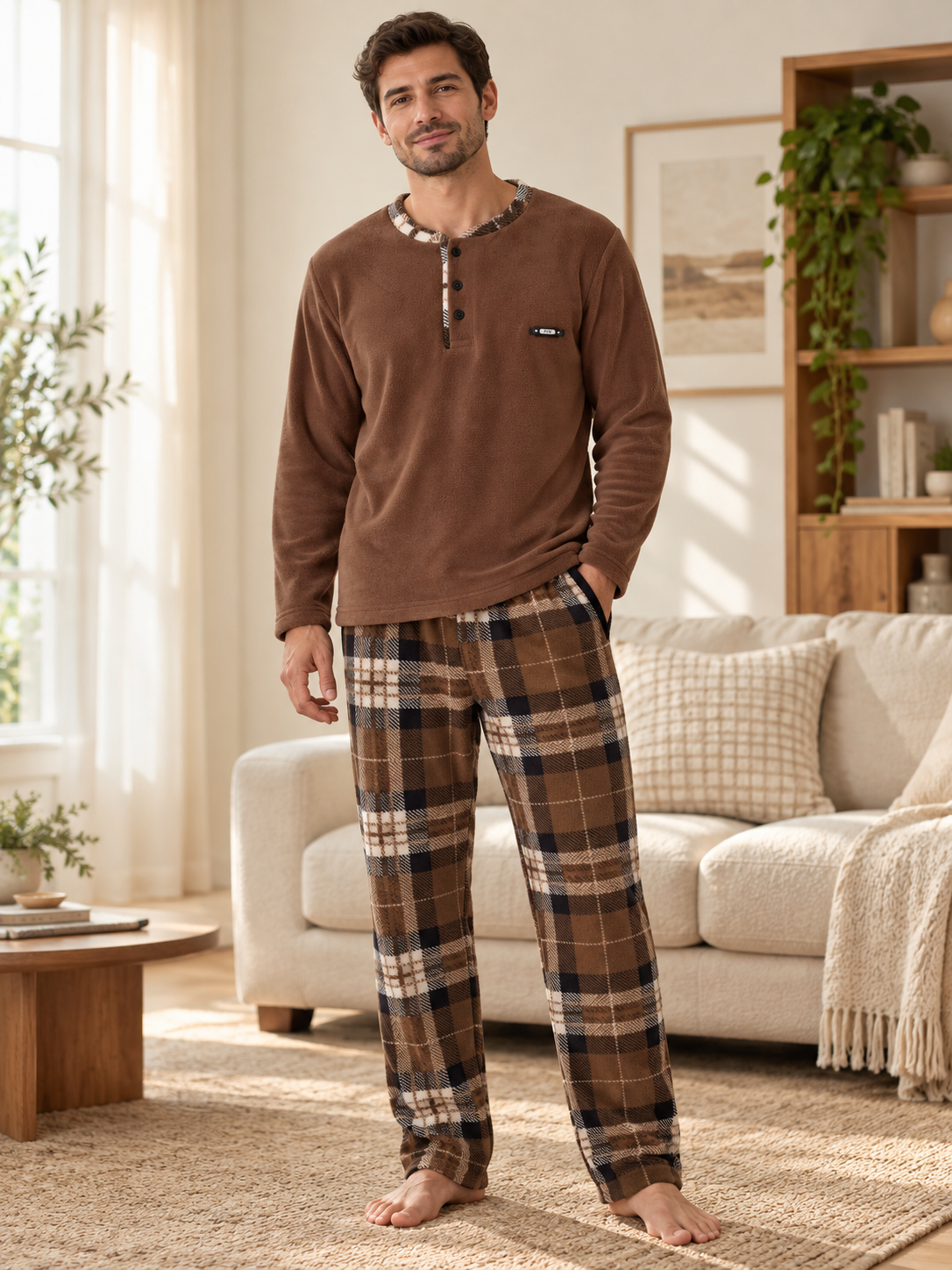 Kahvelim Polar Erkek Uzun kollu Pijama Takımı
