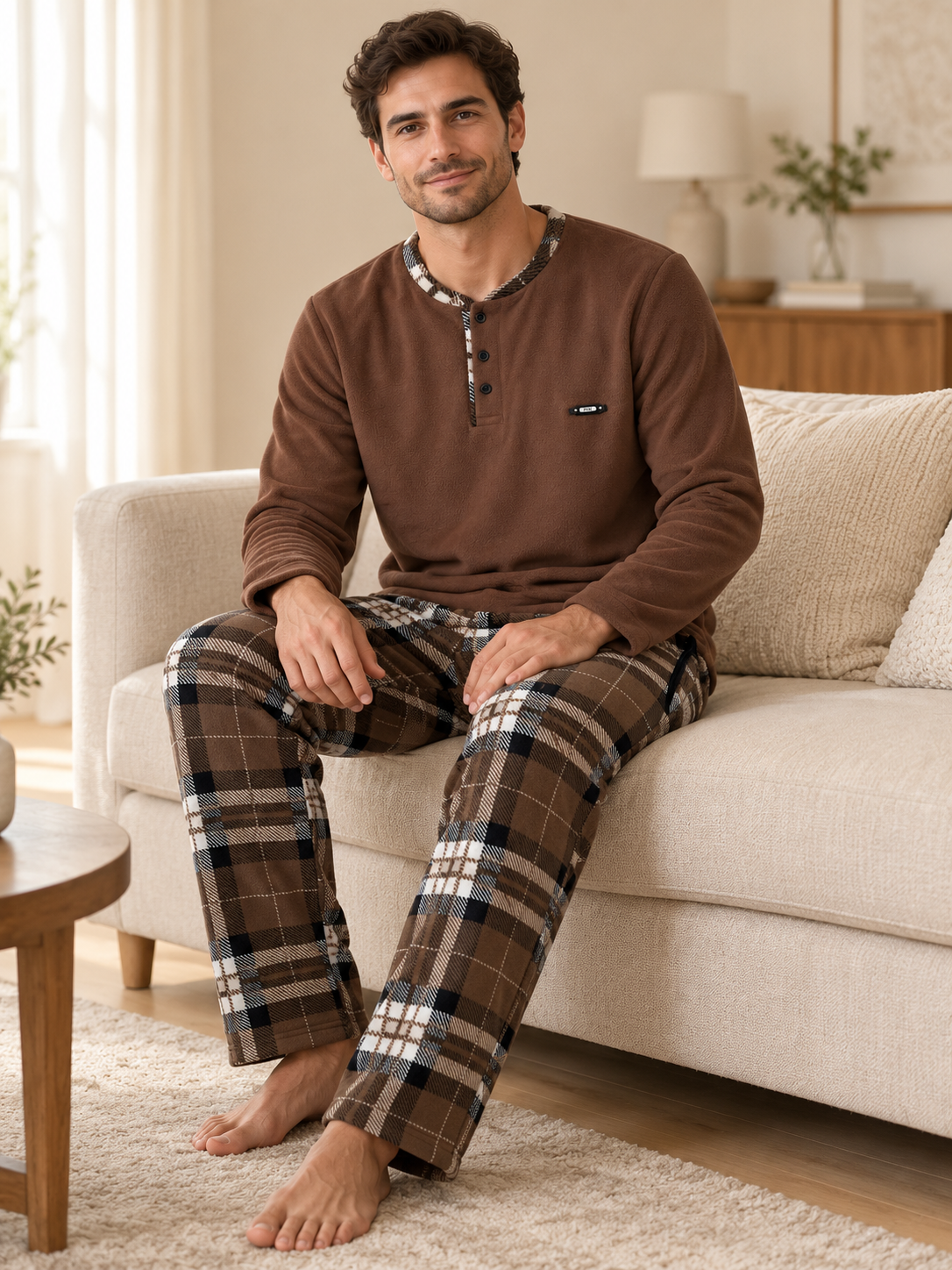 Kahvelim Polar Erkek Uzun kollu Pijama Takımı