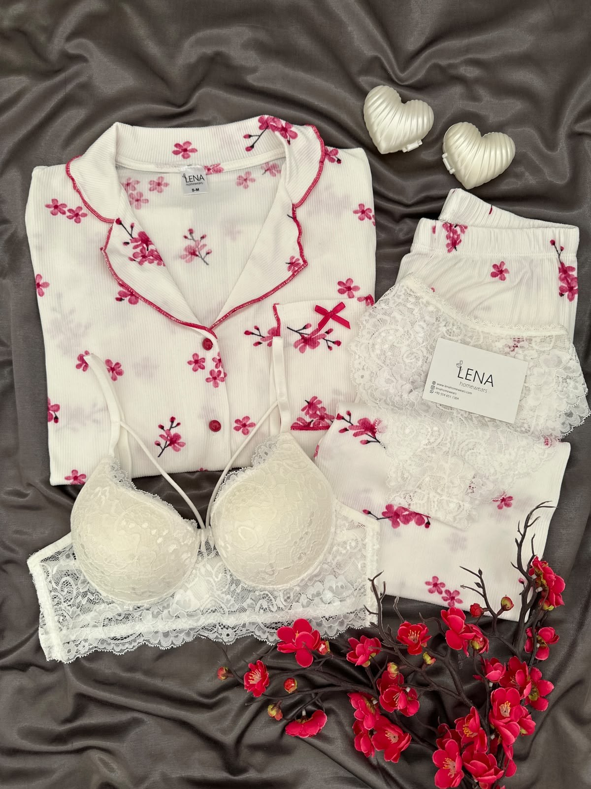 Kiraz Çiçeği 4'lü Pijama & Çamaşır Seti
