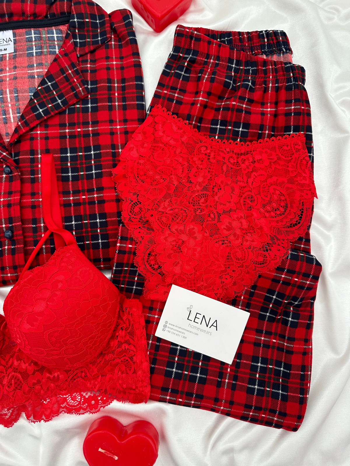 Kırmızı Ekose Desenli 4'lü Termosoft Pijama Takımı