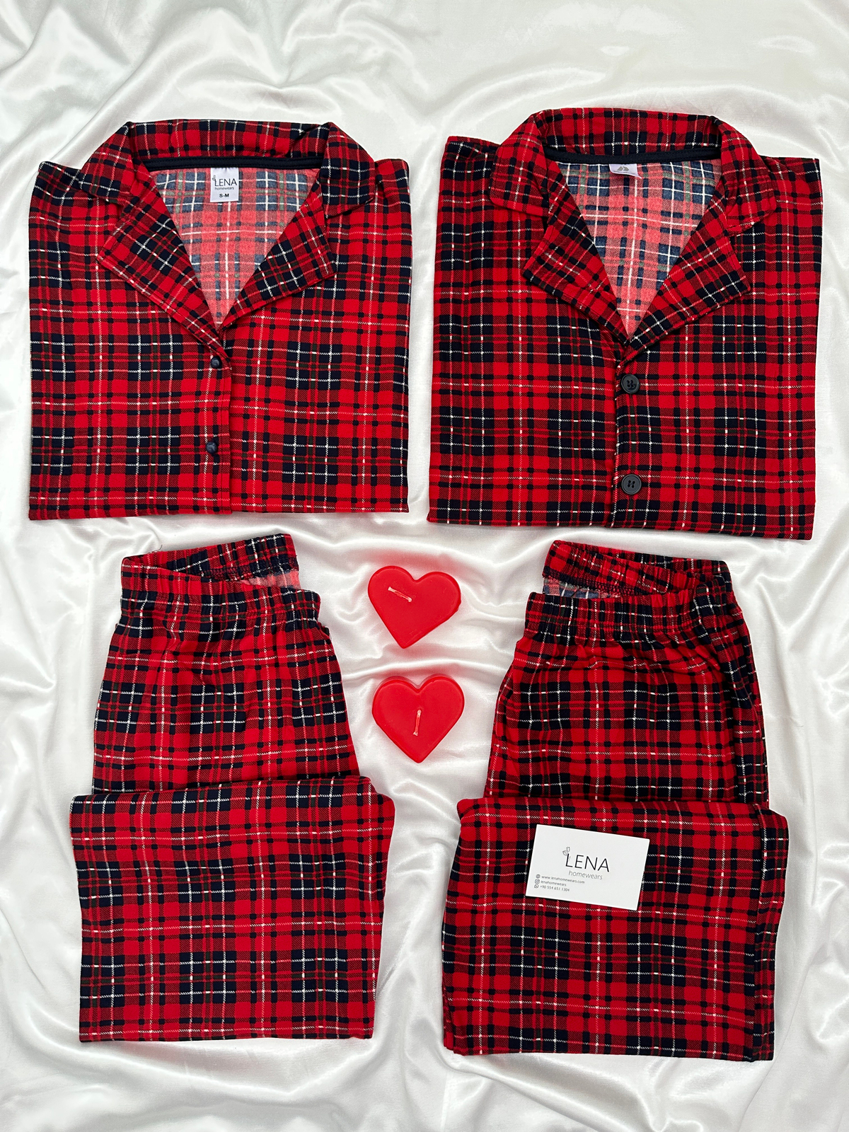 Kırmızı Ekose Günlük Rahat Sevgili Çift Uzun Kollu Pijama Takımı (2'li Set)