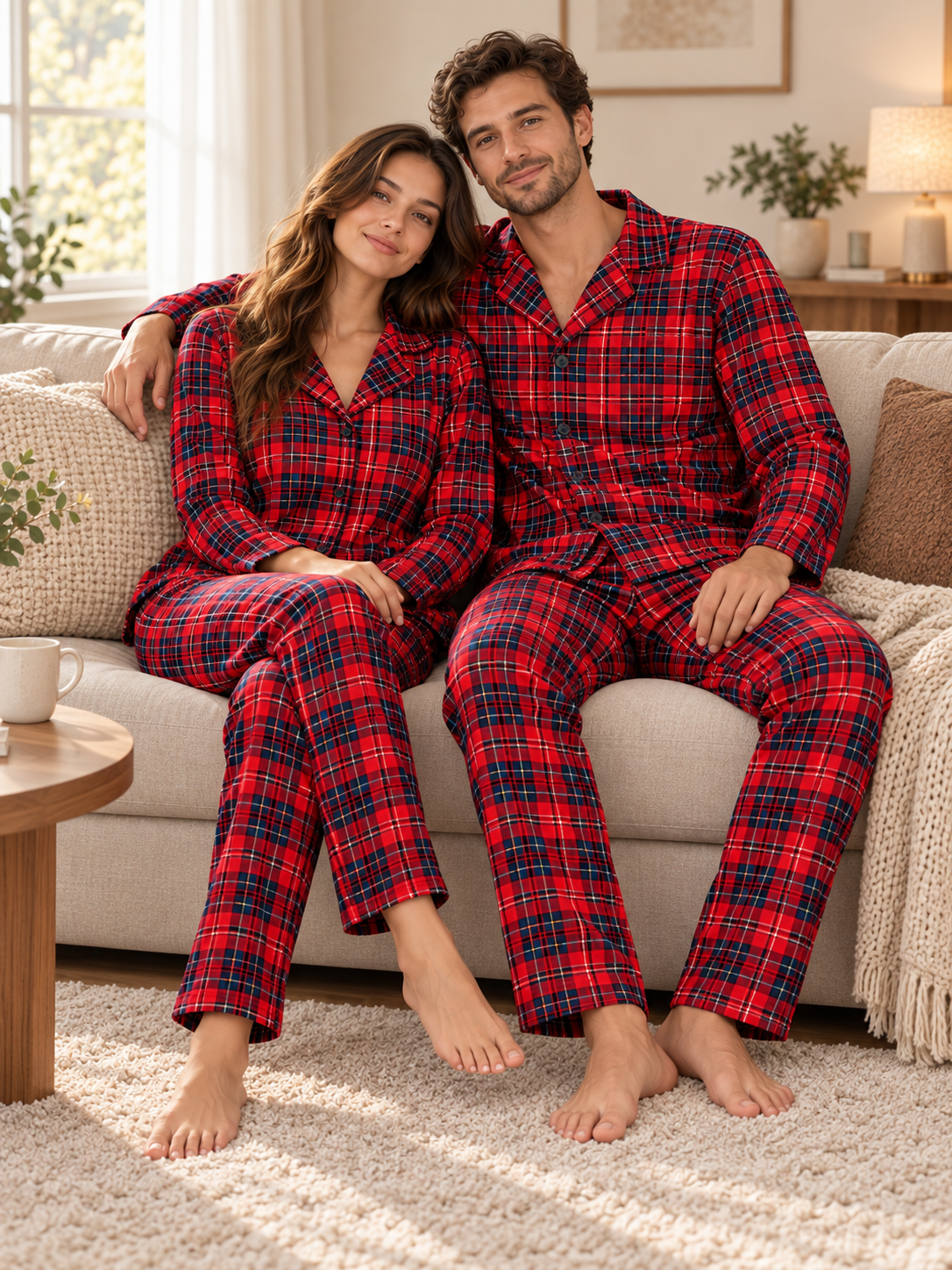 Kırmızı Ekose Günlük Rahat Sevgili Çift Uzun Kollu Pijama Takımı (2'li Set)