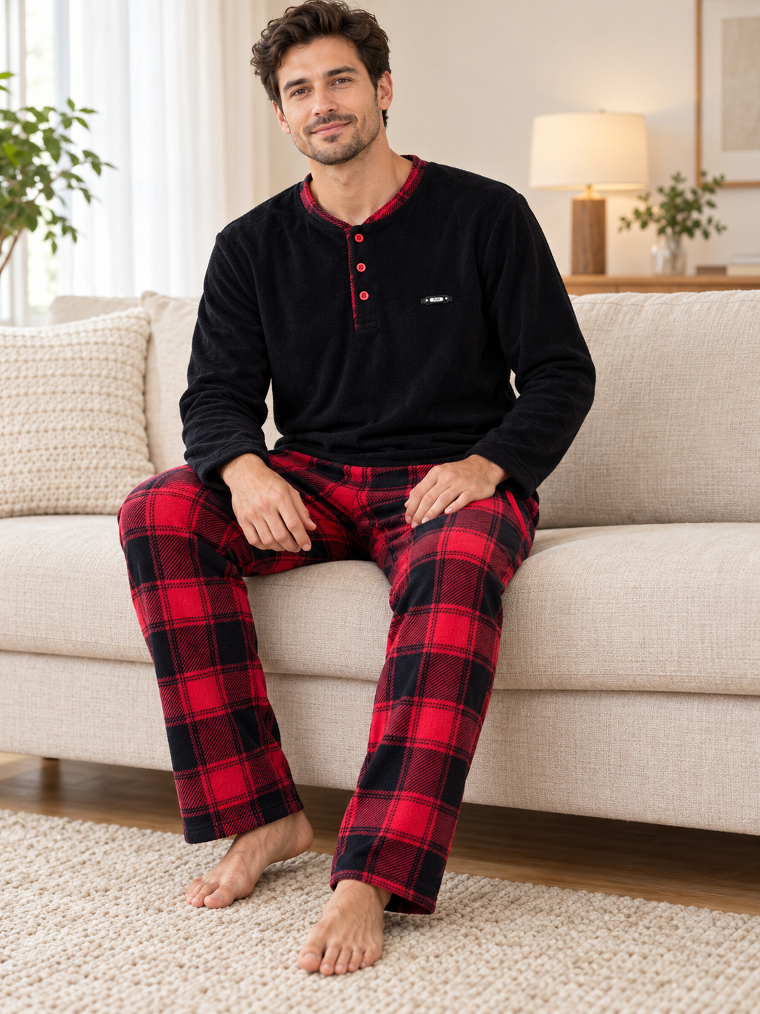 Kırmızı Ekose Polar Erkek Uzun kollu Pijama Takımı