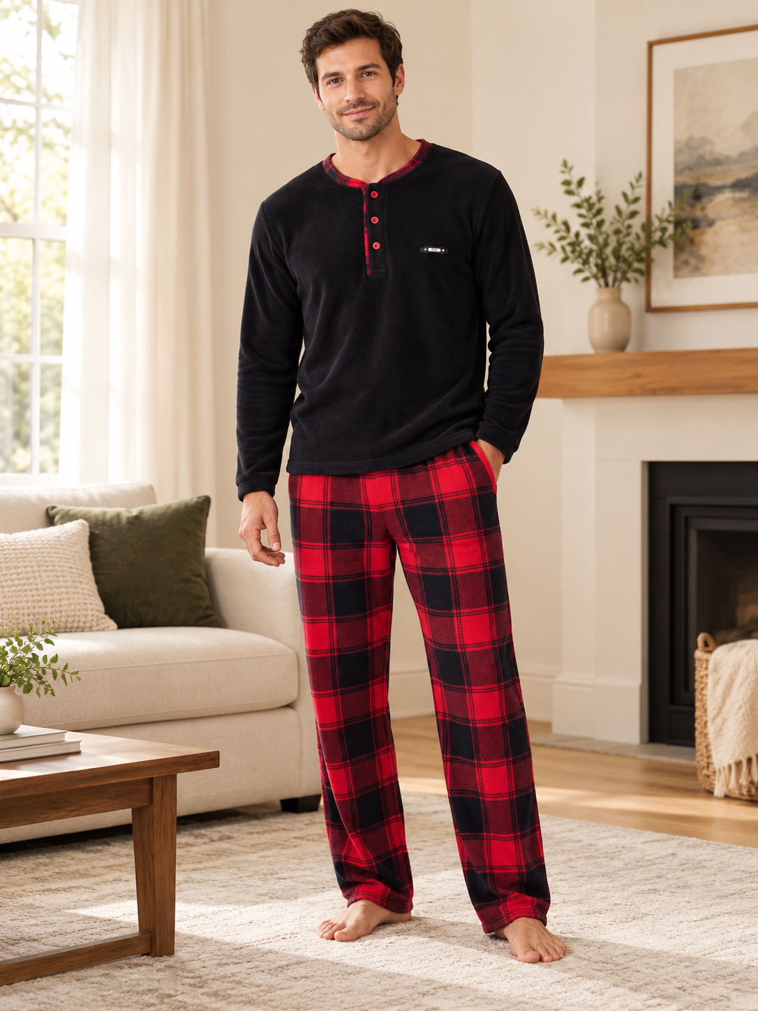 Kırmızı Ekose Polar Erkek Uzun kollu Pijama Takımı