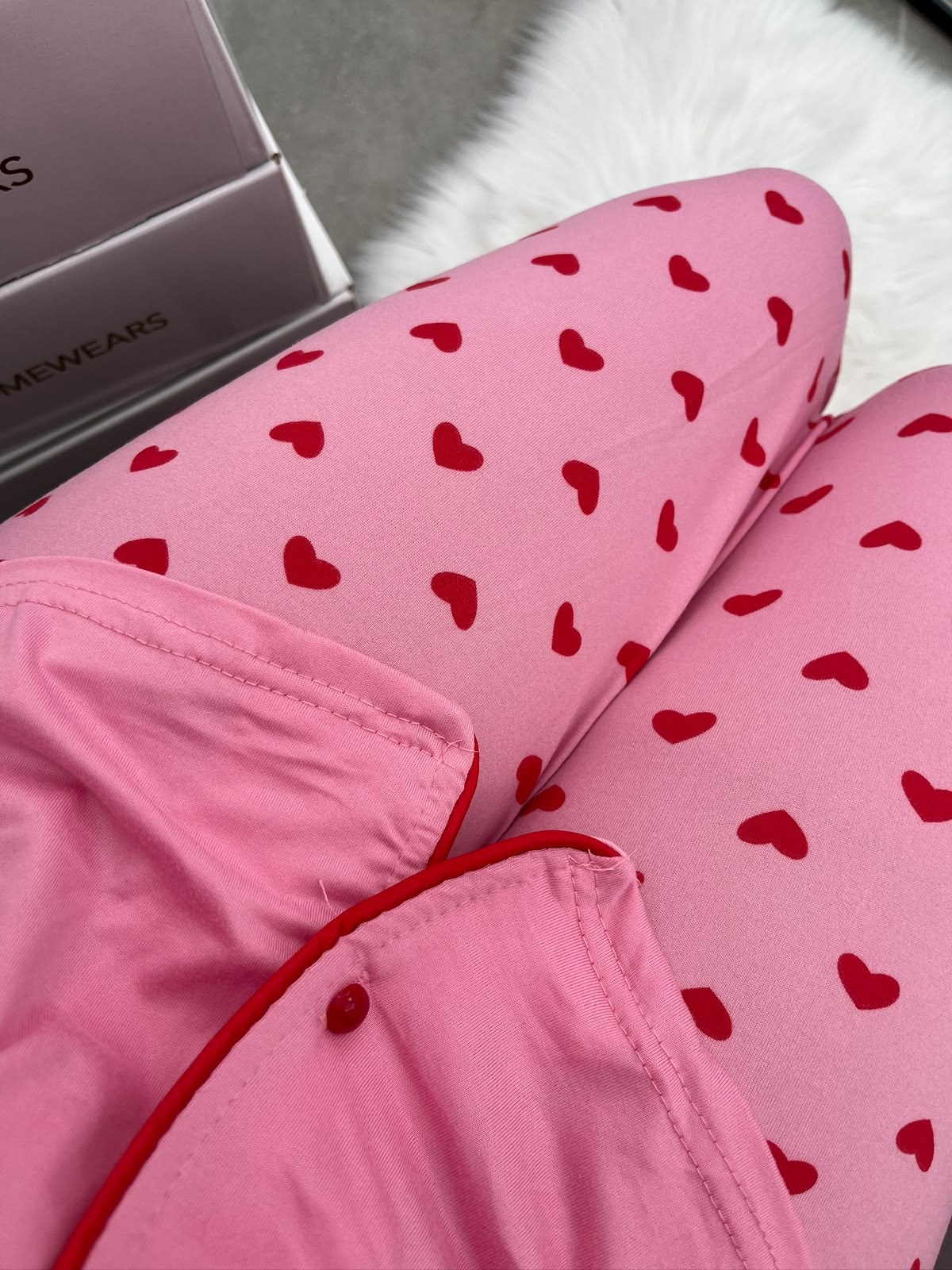 Kırmızı Kalp Desenli Pembe Milan Uzun Kollu Pijama Takımı