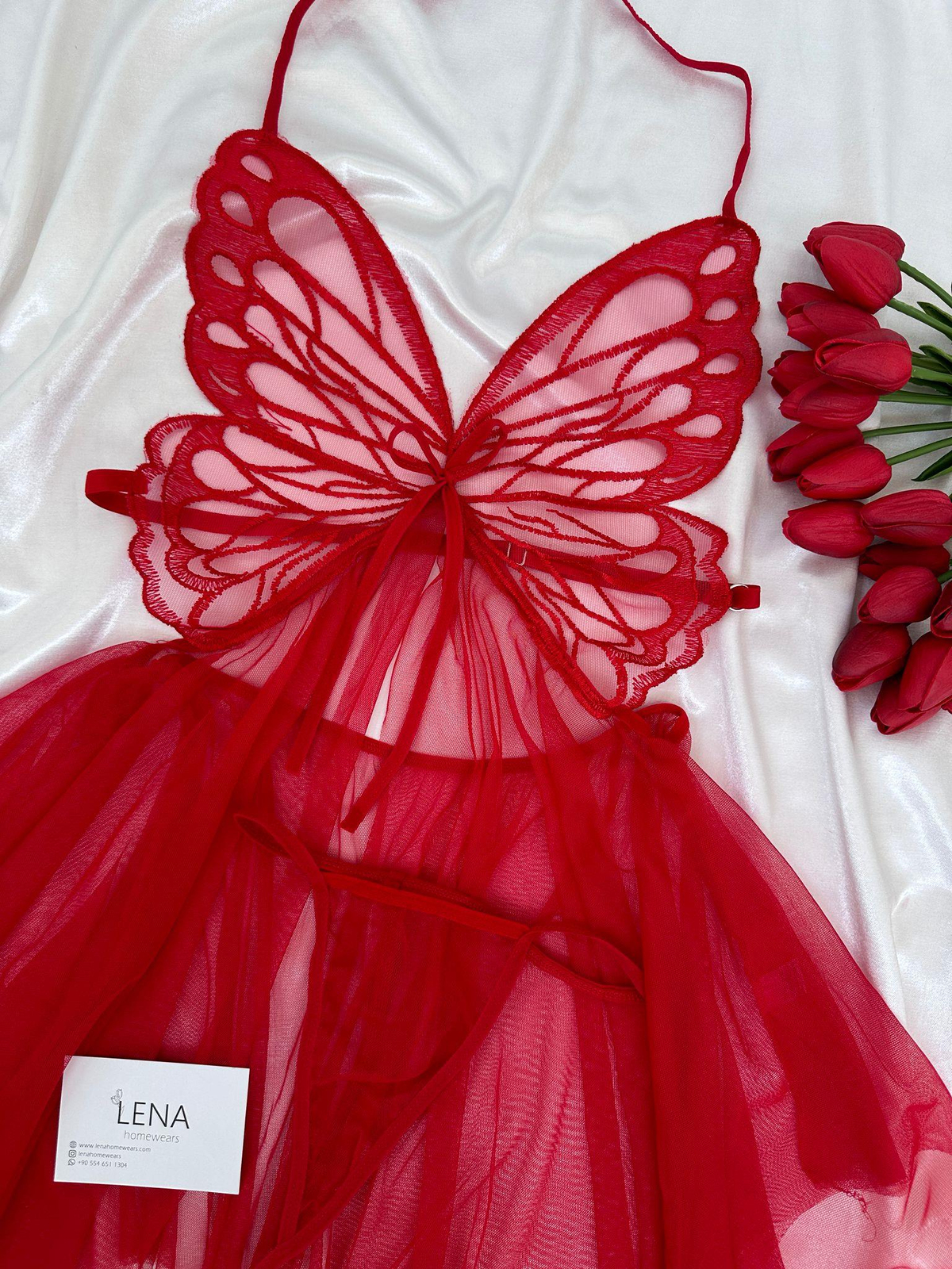 Kırmızı Kelebek Detaylı Fatnezi Gecelik