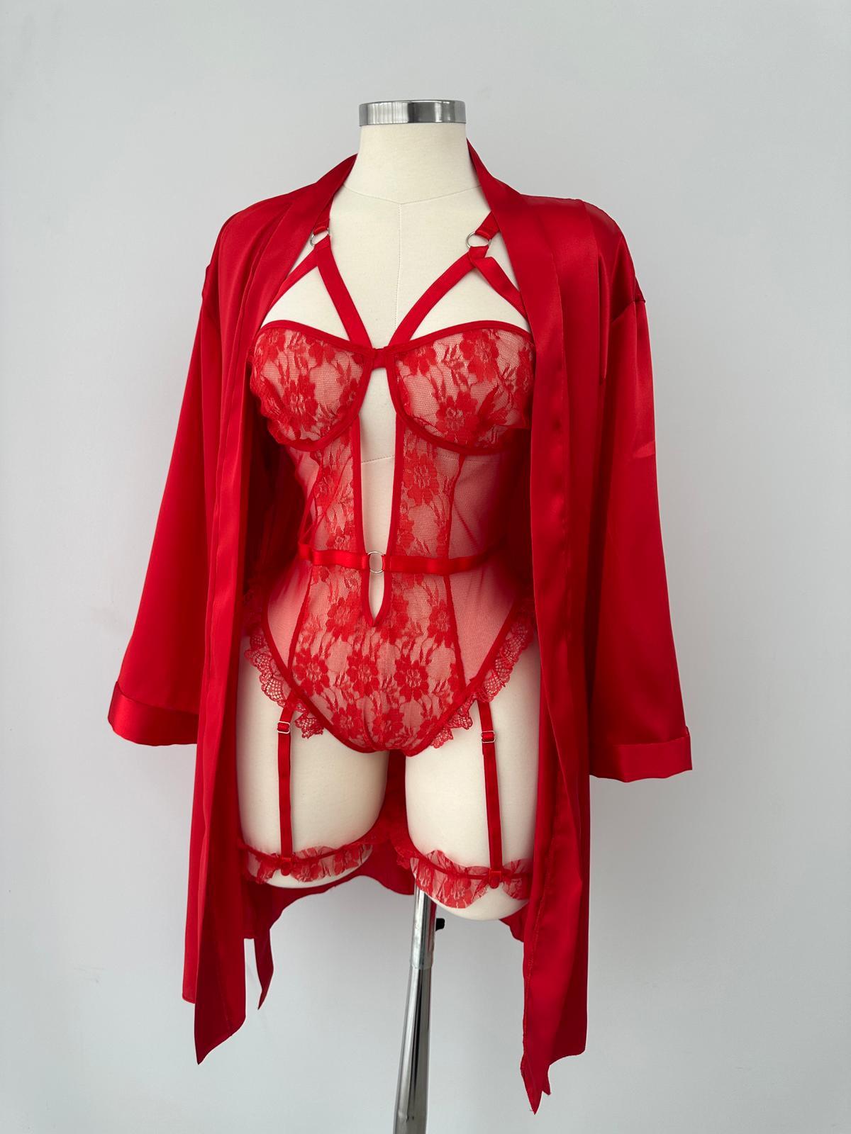 Kırmızı Love Jartiyer & Sabahlık 2'li Takım 