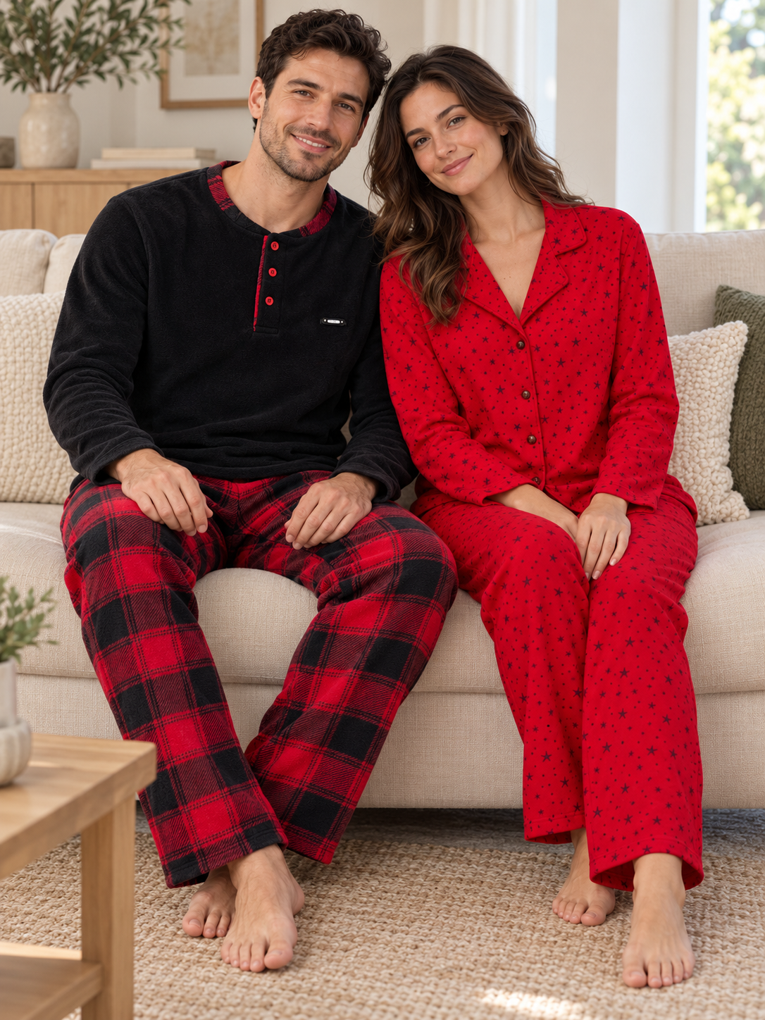 Kırmızı Yıldız & Ekose Sevgili Çift Uzun Kollu Pijama Takımı (2'Lİ SET)