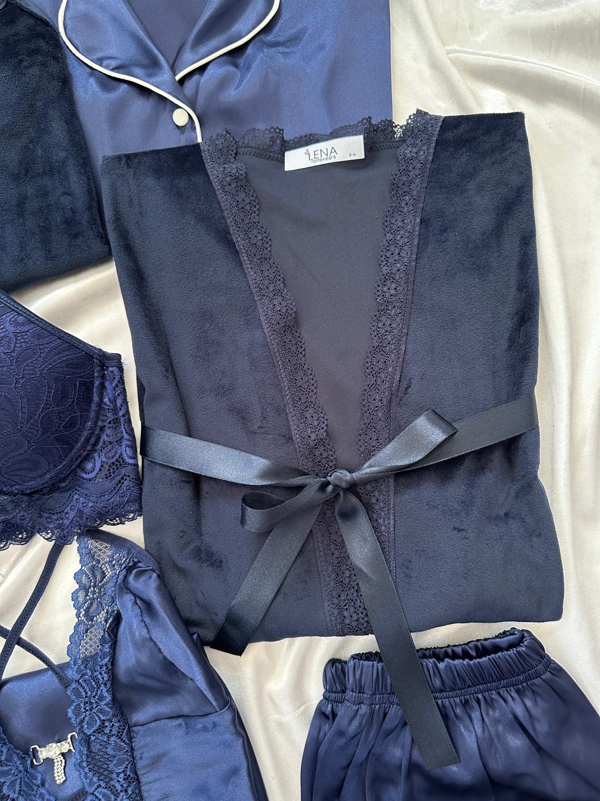 Lacivert Dev 11 Parça Kadife & Saten Lüks Çeyiz Seti