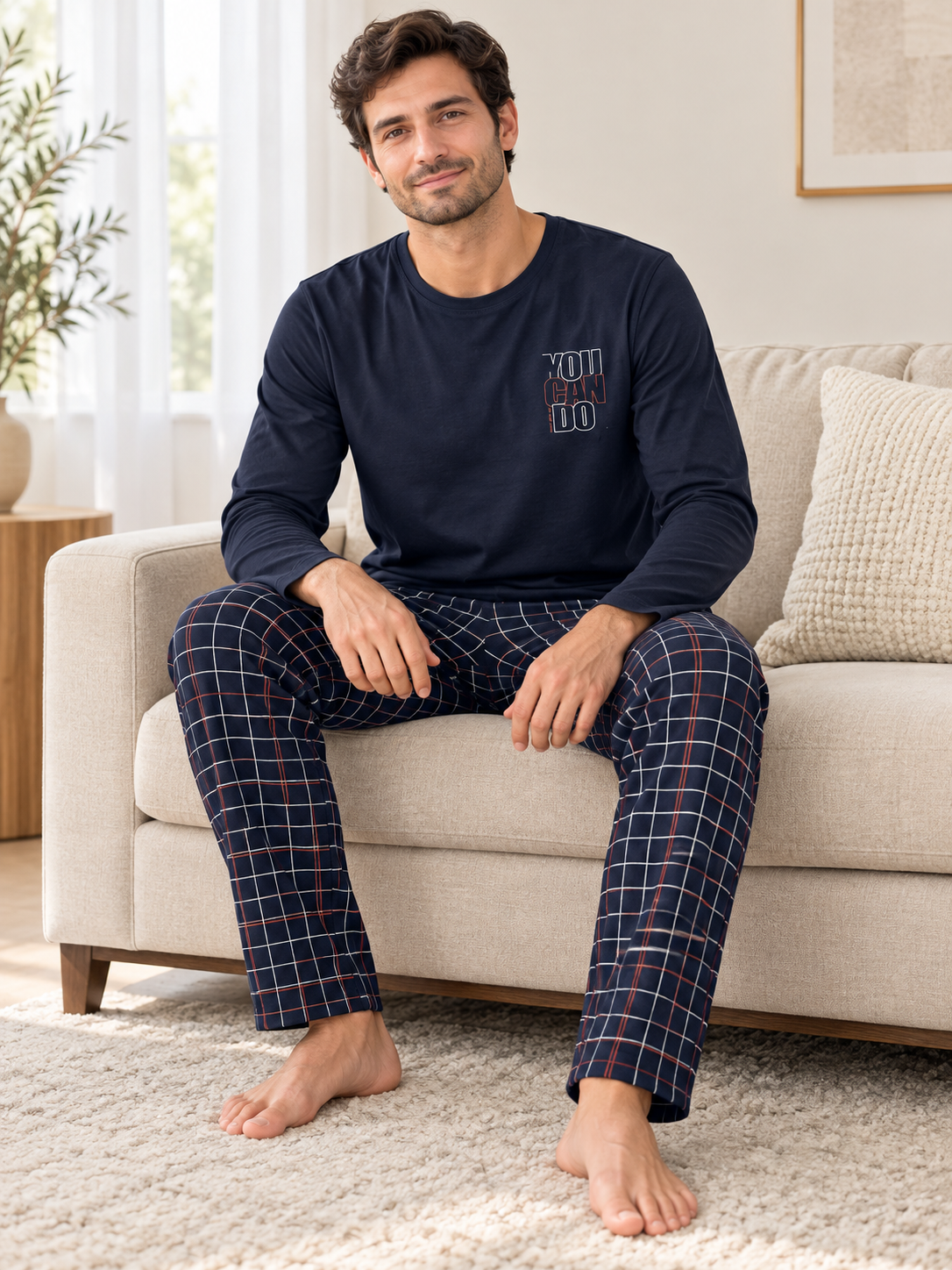 lacivert Ekose Erkek Uzun kollu Pamuklu Pijama Takımı