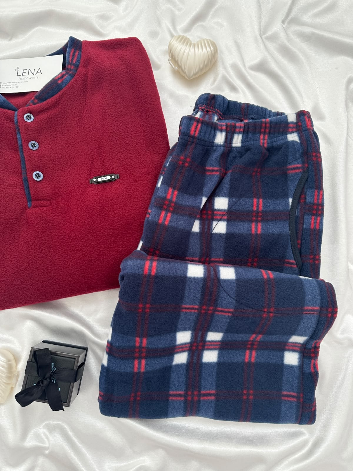 Lacivert Ekose Polar Erkek Uzun kollu Pijama Takımı