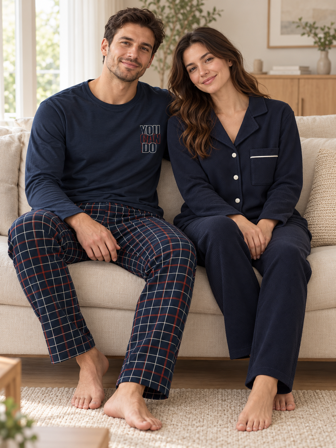 Lacivert Klasik & Ekose Sevgili Çift Uzun Kollu Pijama Takımı (2'Lİ SET)
