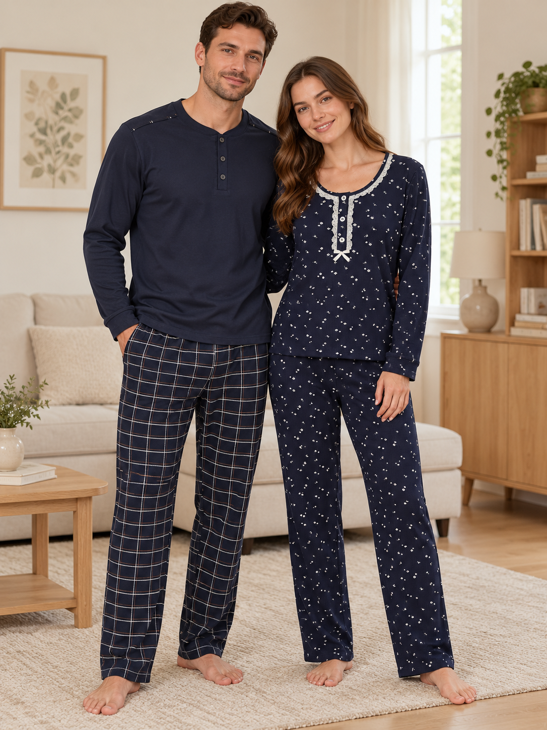 Lacivert Papatya & Ekose Sevgili Çift Uzun Kollu Pijama Takımı (2'Lİ SET)