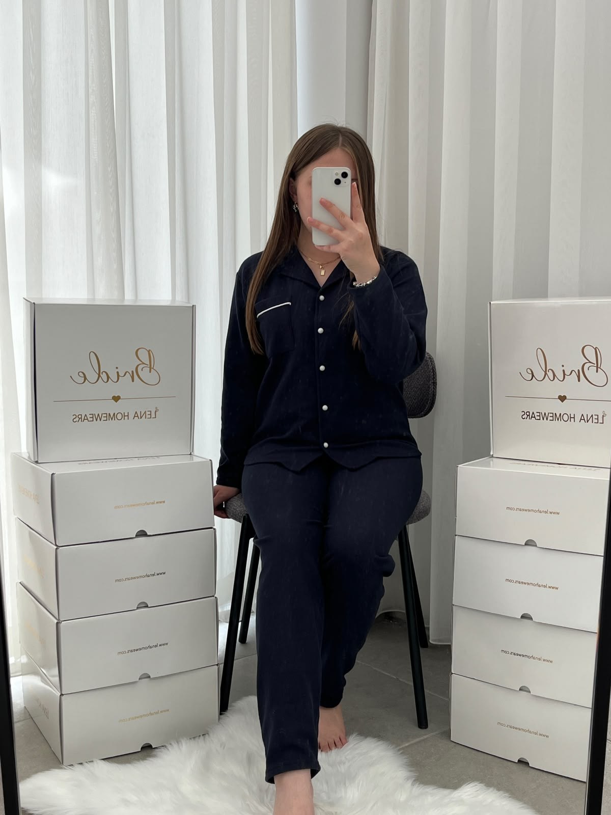Lacivert Sade 4'lü Waffle Pijama Takımı
