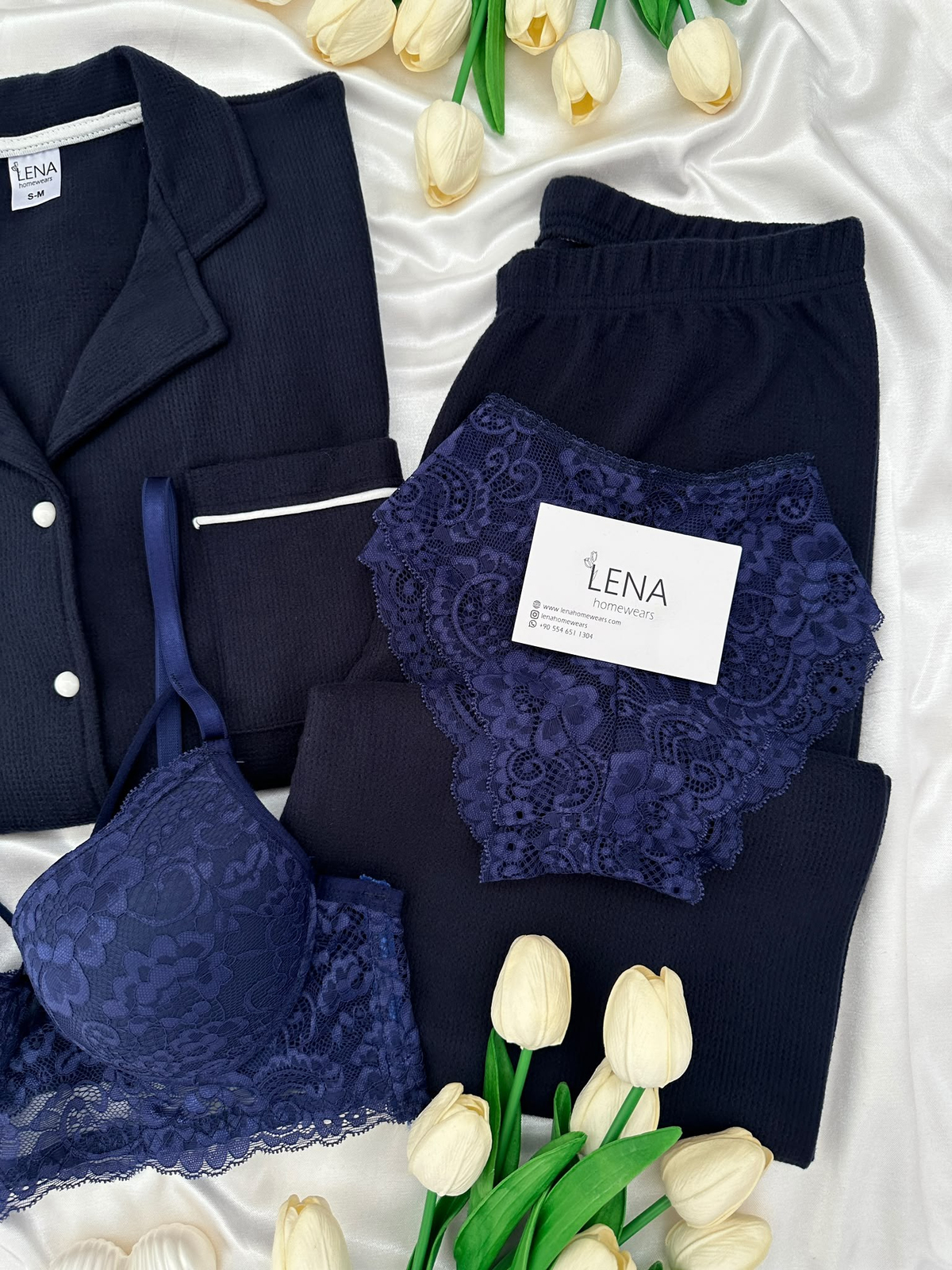Lacivert Sade 4'lü Waffle Pijama Takımı