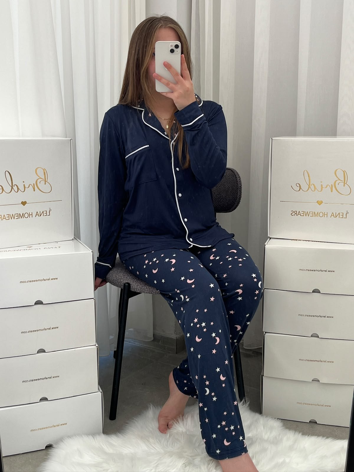 Lacivert Yıldız & Ay Desenli Milan Uzun Kollu 4'lü Pijama Takımı